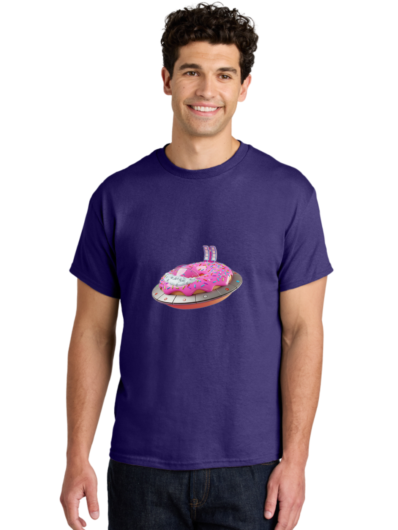 Pink-Donut-Ufo Men'S Graphic Tee, 100% Cotton, Comfortable Casual Summer Wear, Machine Washable, Donut On A Ufo, Pink Frosted Donut, Sprinkles, Digital Art, Futuristic Design, Sweet Treats, Dessert Art, Colorful Graphics, 3D Modeling, Bac249