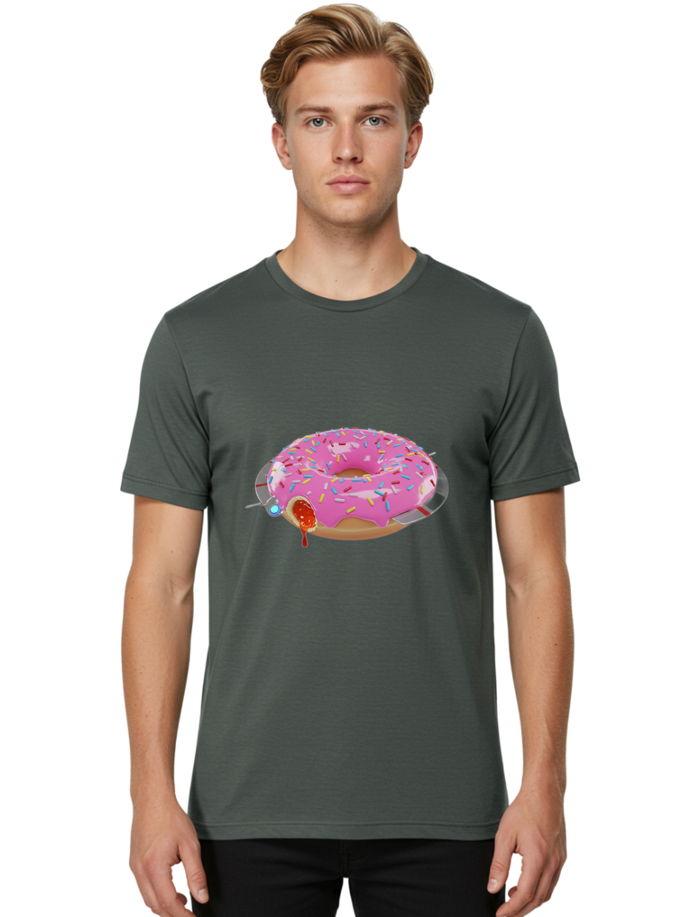 Pink-Frosted-Donut-1 Men'S Graphic Tee, 100% Cotton, Comfortable Casual Summer Wear, Machine Washable, Pink Frosted Donut, Jelly-Filled Donut, Sprinkles On Donut, Sweet Treat, Colorful Dessert, Donut With Jelly Filling, Tasty Pastry, Bac250