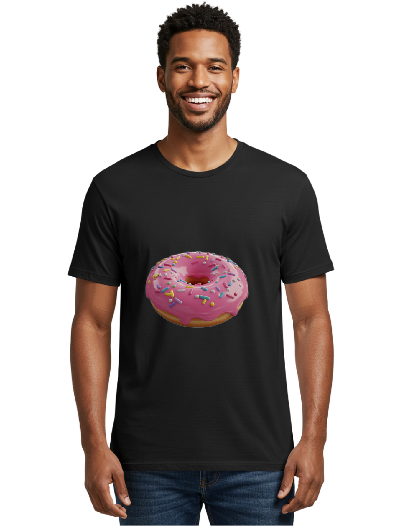 Pink-Frosted-Donut Men'S Graphic Tee, 100% Cotton, Comfortable Casual Summer Wear, Machine Washable, Pink Donut, Colorful Sprinkles, Sweet Treats, Glazed Donut, Bakery Delights, Doughnut, Tasty, Frosted, Sprinkles, Dessert Bac251