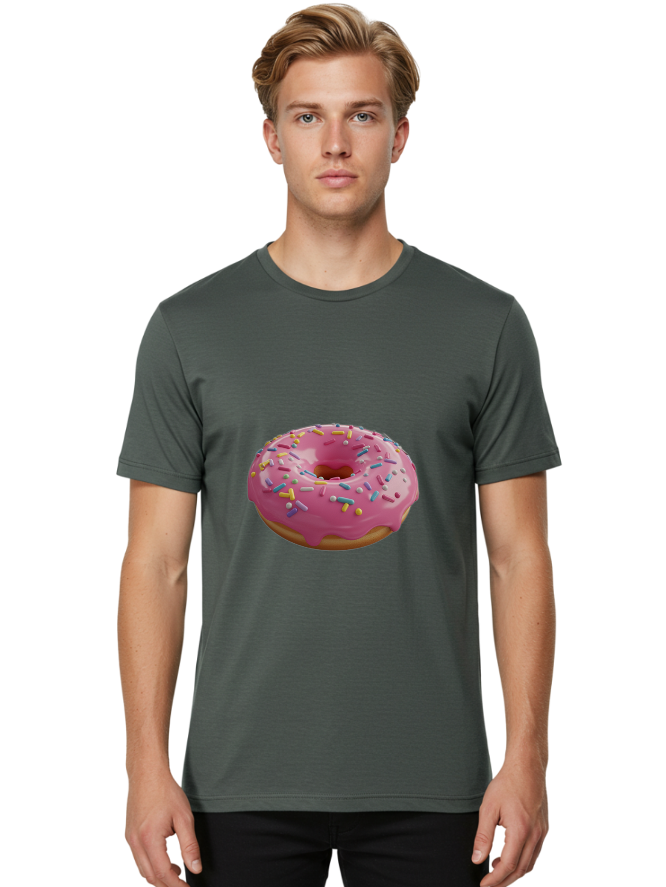 Pink-Frosted-Donut Men'S Graphic Tee, 100% Cotton, Comfortable Casual Summer Wear, Machine Washable, Pink Donut, Colorful Sprinkles, Sweet Treats, Glazed Donut, Bakery Delights, Doughnut, Tasty, Frosted, Sprinkles, Dessert Bac251