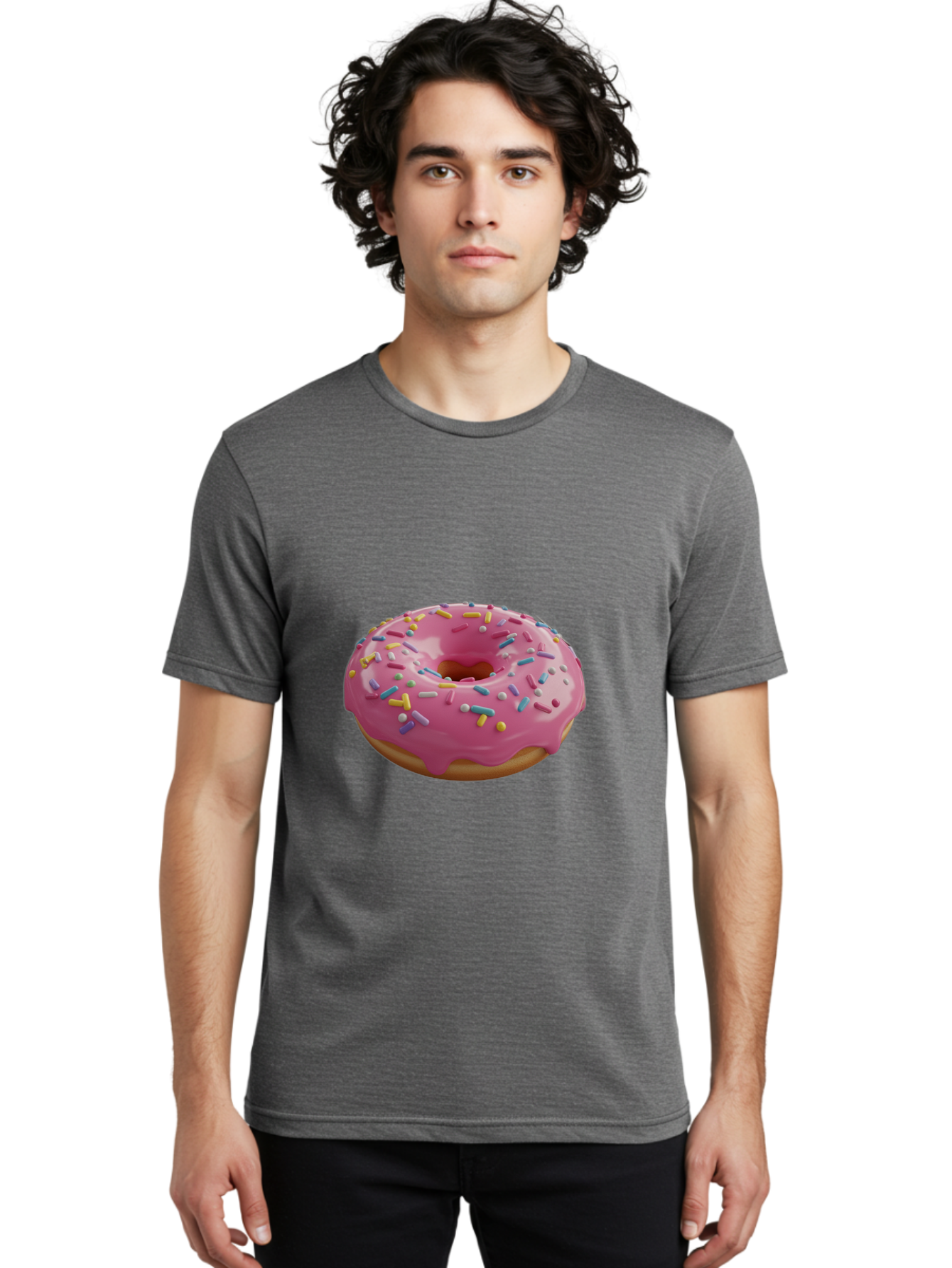 Pink-Frosted-Donut Men'S Graphic Tee, 100% Cotton, Comfortable Casual Summer Wear, Machine Washable, Pink Donut, Colorful Sprinkles, Sweet Treats, Glazed Donut, Bakery Delights, Doughnut, Tasty, Frosted, Sprinkles, Dessert Bac251