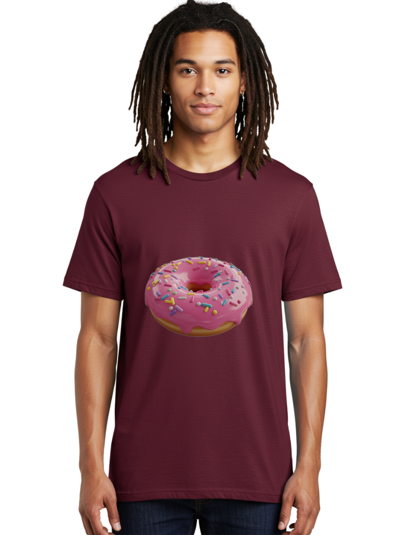 Pink-Frosted-Donut Men'S Graphic Tee, 100% Cotton, Comfortable Casual Summer Wear, Machine Washable, Pink Donut, Colorful Sprinkles, Sweet Treats, Glazed Donut, Bakery Delights, Doughnut, Tasty, Frosted, Sprinkles, Dessert Bac251