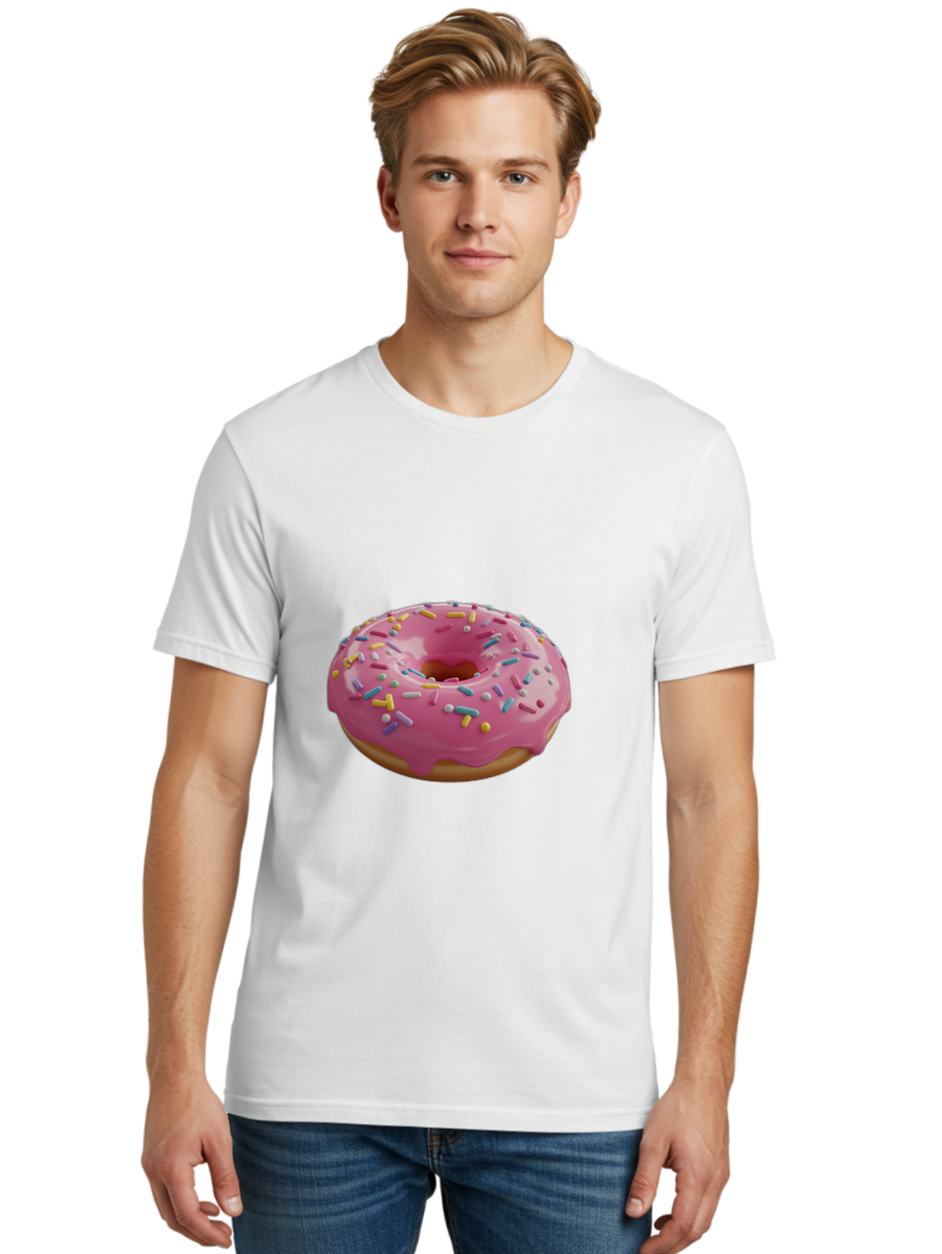 Pink-Frosted-Donut Men'S Graphic Tee, 100% Cotton, Comfortable Casual Summer Wear, Machine Washable, Pink Donut, Colorful Sprinkles, Sweet Treats, Glazed Donut, Bakery Delights, Doughnut, Tasty, Frosted, Sprinkles, Dessert Bac251
