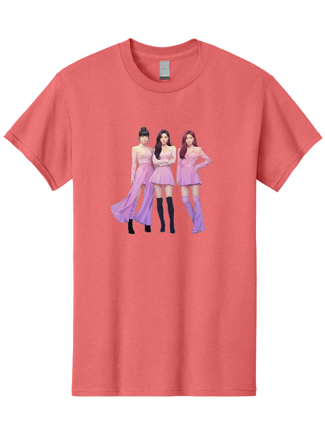 Pink-Ladies Men'S Graphic Tee, 100% Cotton, Comfortable Casual Summer Wear, Machine Washable, K-Pop Group, Female Idols, Pastel Pink Outfits, Elegant Attire, Flowing Dresses, Long Boots, Fashion Icons, Group Pose, Confident Stance, Bac252