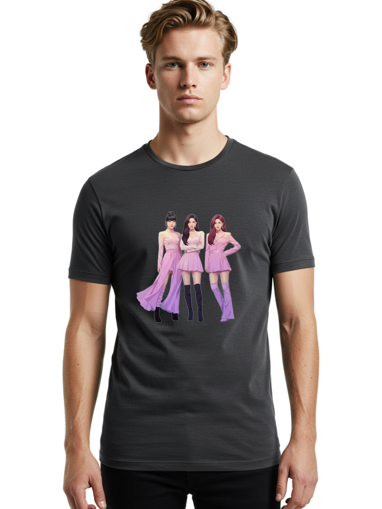 Pink-Ladies Men'S Graphic Tee, 100% Cotton, Comfortable Casual Summer Wear, Machine Washable, K-Pop Group, Female Idols, Pastel Pink Outfits, Elegant Attire, Flowing Dresses, Long Boots, Fashion Icons, Group Pose, Confident Stance, Bac252