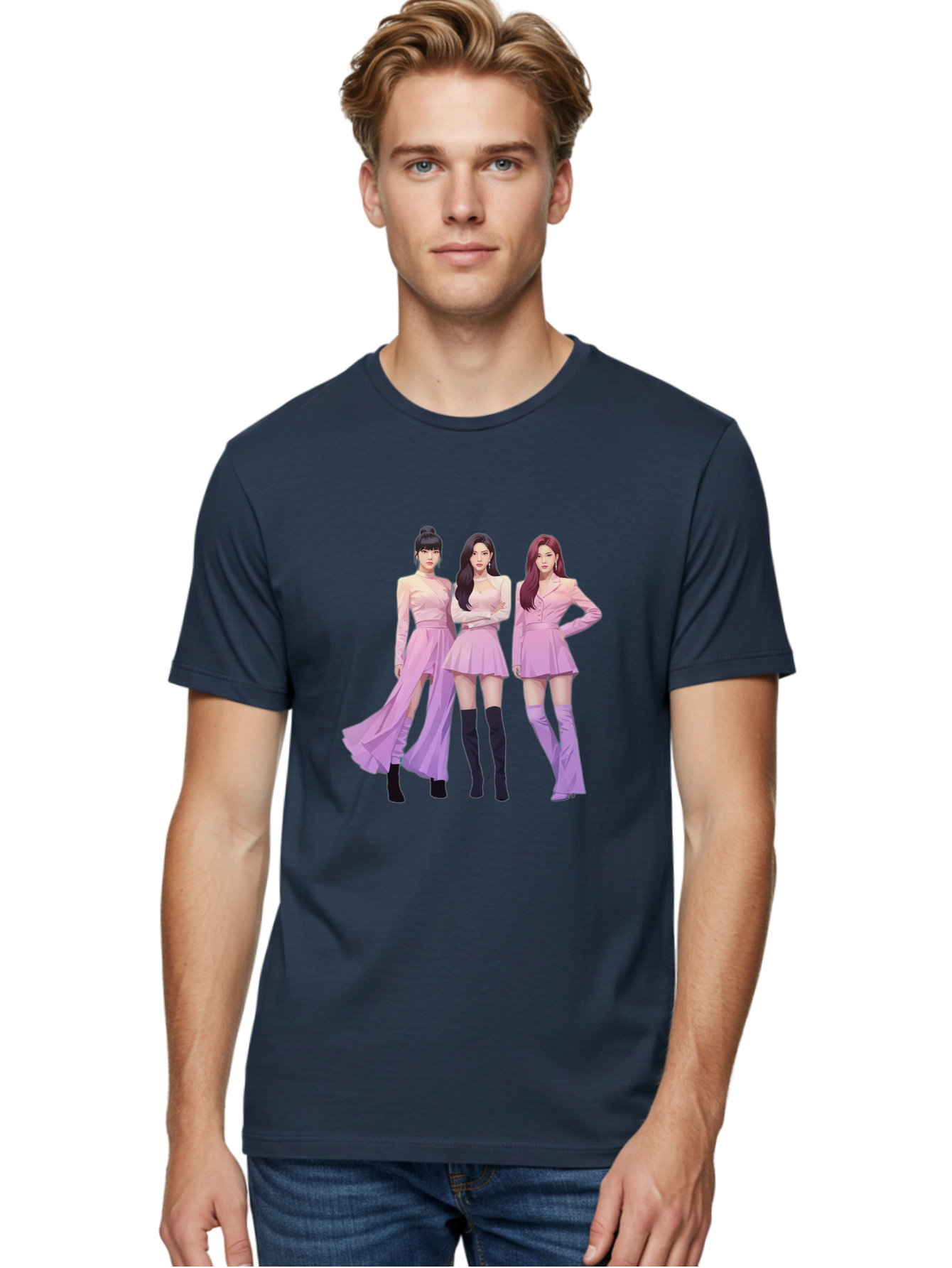 Pink-Ladies Men'S Graphic Tee, 100% Cotton, Comfortable Casual Summer Wear, Machine Washable, K-Pop Group, Female Idols, Pastel Pink Outfits, Elegant Attire, Flowing Dresses, Long Boots, Fashion Icons, Group Pose, Confident Stance, Bac252