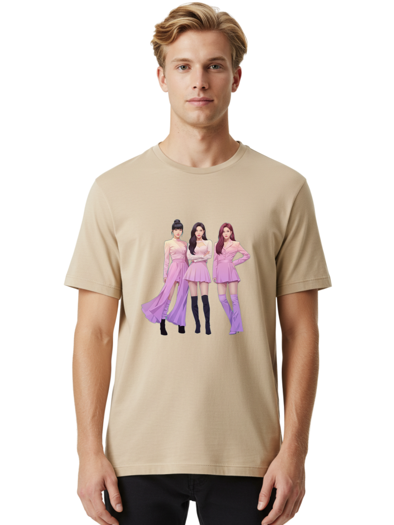 Pink-Ladies Men'S Graphic Tee, 100% Cotton, Comfortable Casual Summer Wear, Machine Washable, K-Pop Group, Female Idols, Pastel Pink Outfits, Elegant Attire, Flowing Dresses, Long Boots, Fashion Icons, Group Pose, Confident Stance, Bac252