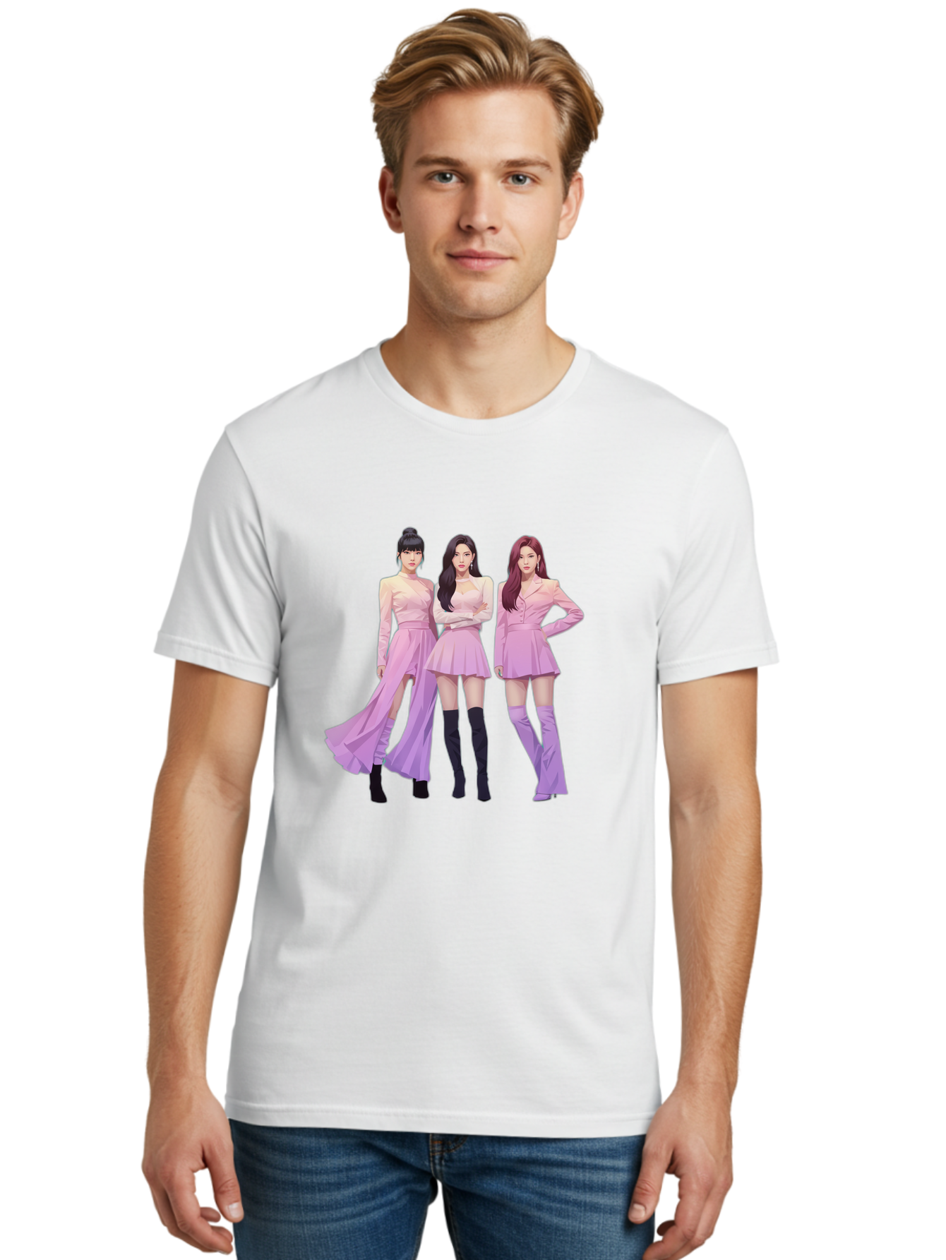 Pink-Ladies Men'S Graphic Tee, 100% Cotton, Comfortable Casual Summer Wear, Machine Washable, K-Pop Group, Female Idols, Pastel Pink Outfits, Elegant Attire, Flowing Dresses, Long Boots, Fashion Icons, Group Pose, Confident Stance, Bac252