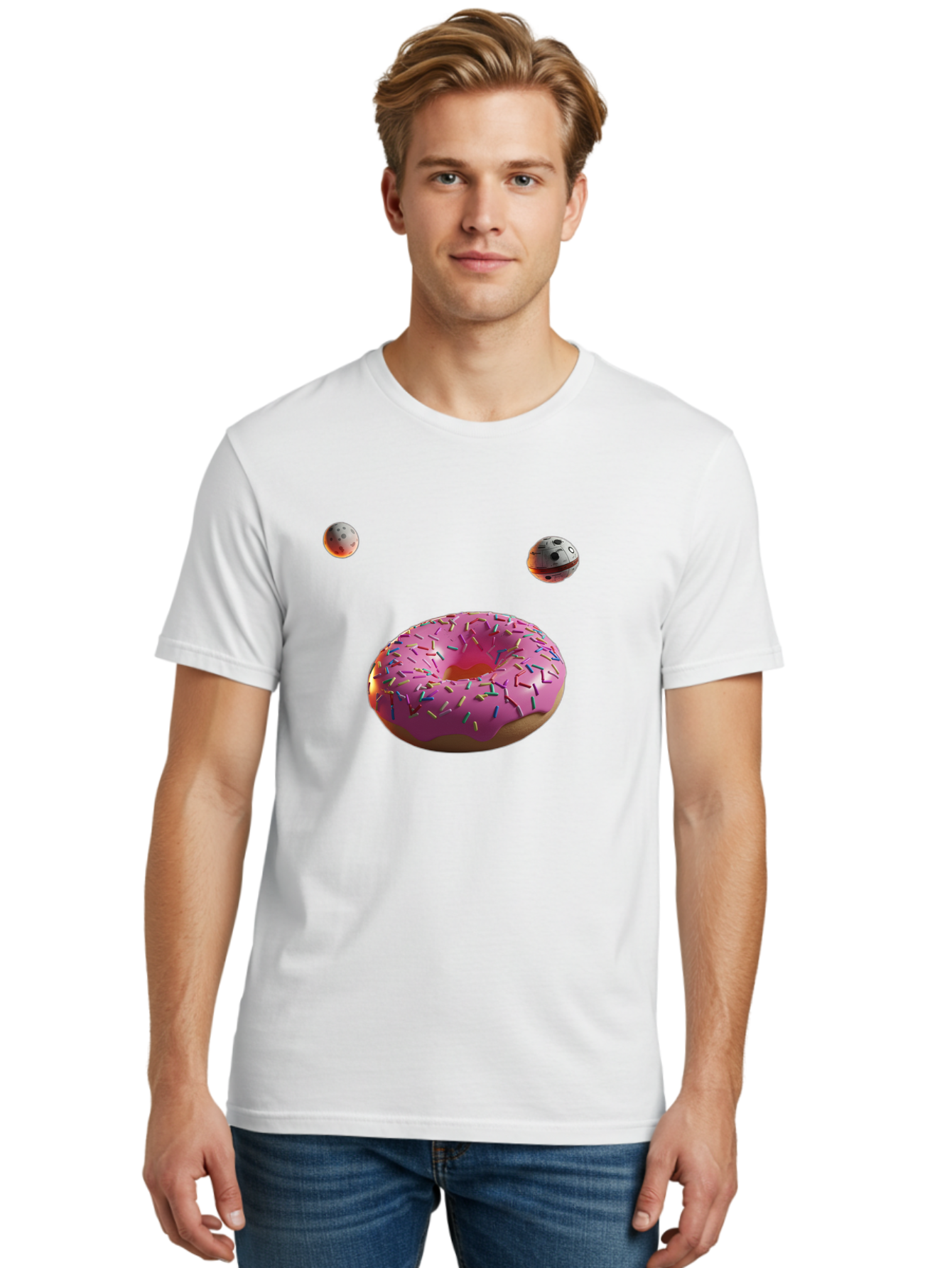 Pink-Sprinkles-Donut Men'S Graphic Tee, 100% Cotton, Comfortable Casual Summer Wear, Machine Washable, Pink Frosted Donut, Sprinkles, Baked Goods, Tasty Treats, Glazed Donuts, Sweet Indulgences, Dessert Delights, Colorful Sweets Bac254