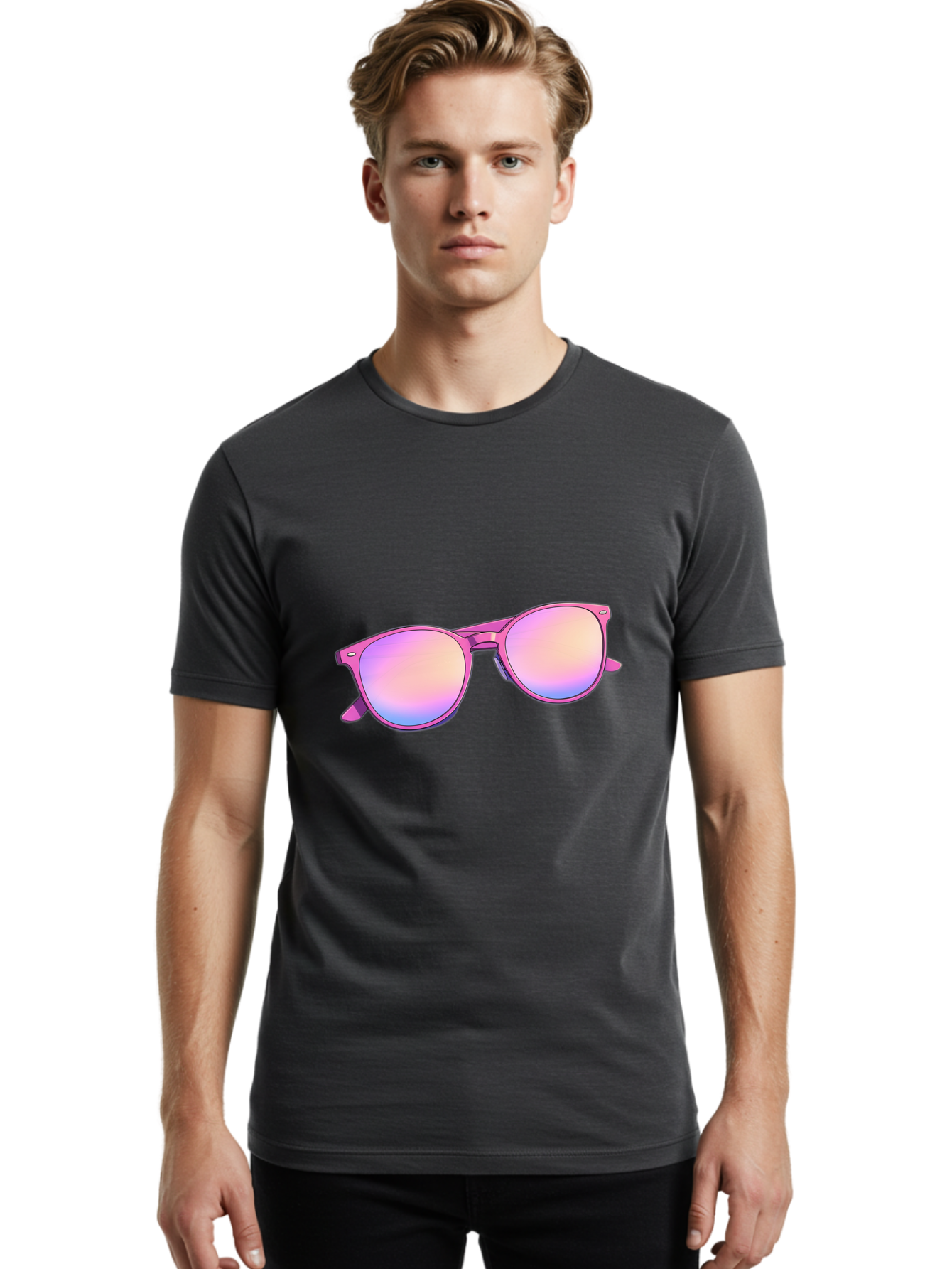 Pink-Sunglasses Men'S Graphic Tee, 100% Cotton, Comfortable Casual Summer Wear, Machine Washable, Pink Sunglasses, Pastel Shades, Rainbow Lenses, Cool Accessories, Fashion Trends, Trendy Eyewear, Stylish Shades Bac255