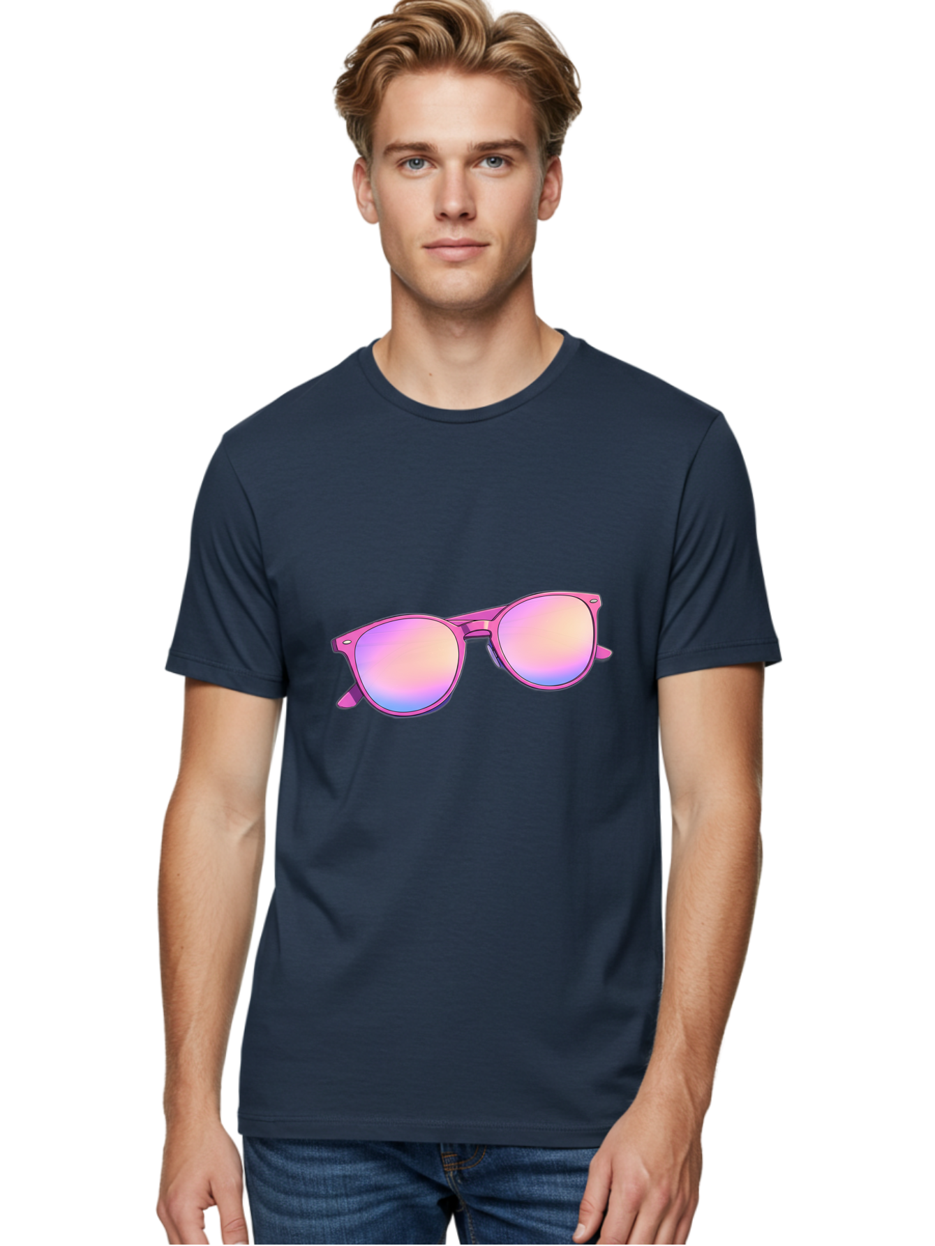 Pink-Sunglasses Men'S Graphic Tee, 100% Cotton, Comfortable Casual Summer Wear, Machine Washable, Pink Sunglasses, Pastel Shades, Rainbow Lenses, Cool Accessories, Fashion Trends, Trendy Eyewear, Stylish Shades Bac255