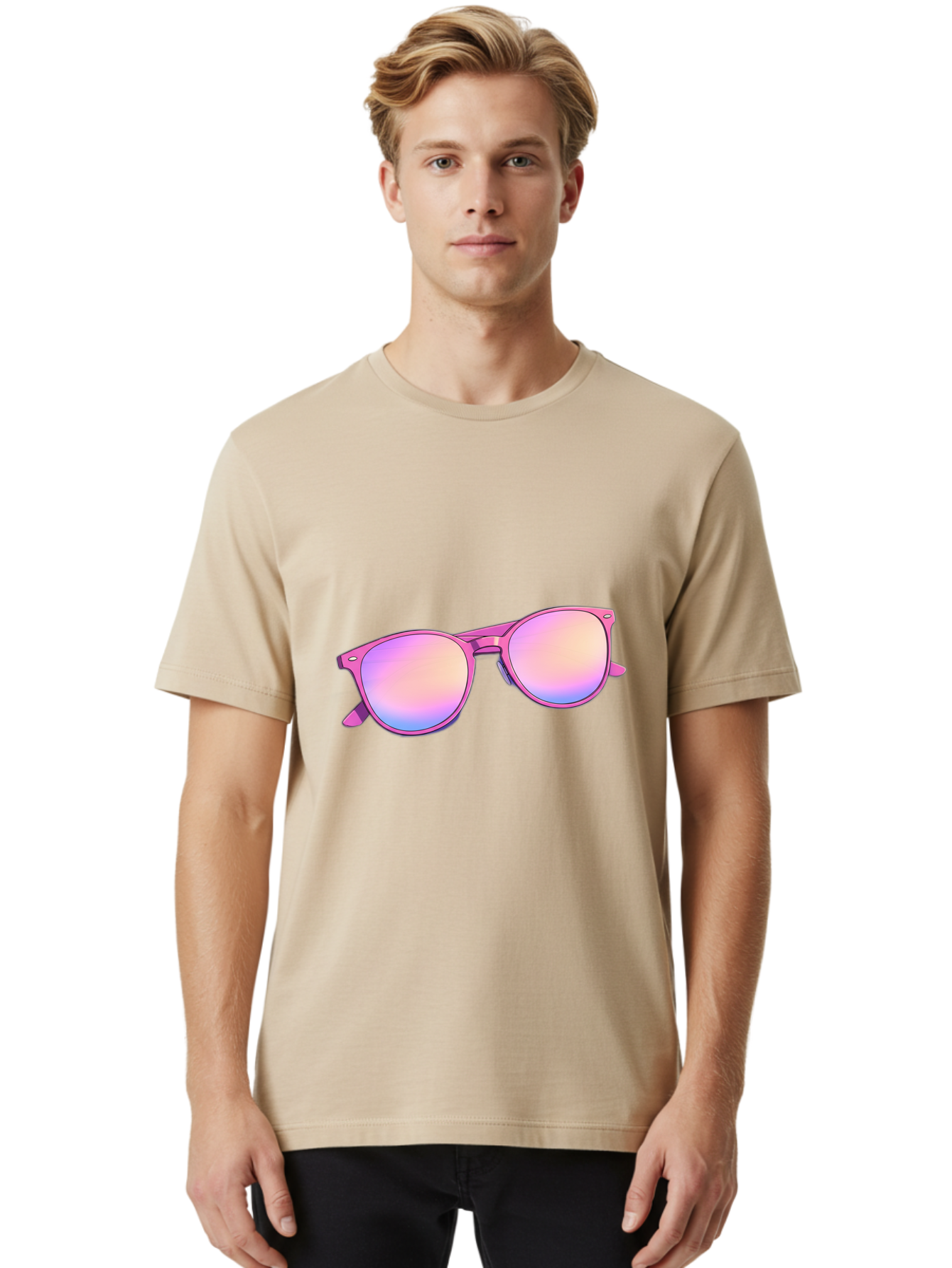 Pink-Sunglasses Men'S Graphic Tee, 100% Cotton, Comfortable Casual Summer Wear, Machine Washable, Pink Sunglasses, Pastel Shades, Rainbow Lenses, Cool Accessories, Fashion Trends, Trendy Eyewear, Stylish Shades Bac255