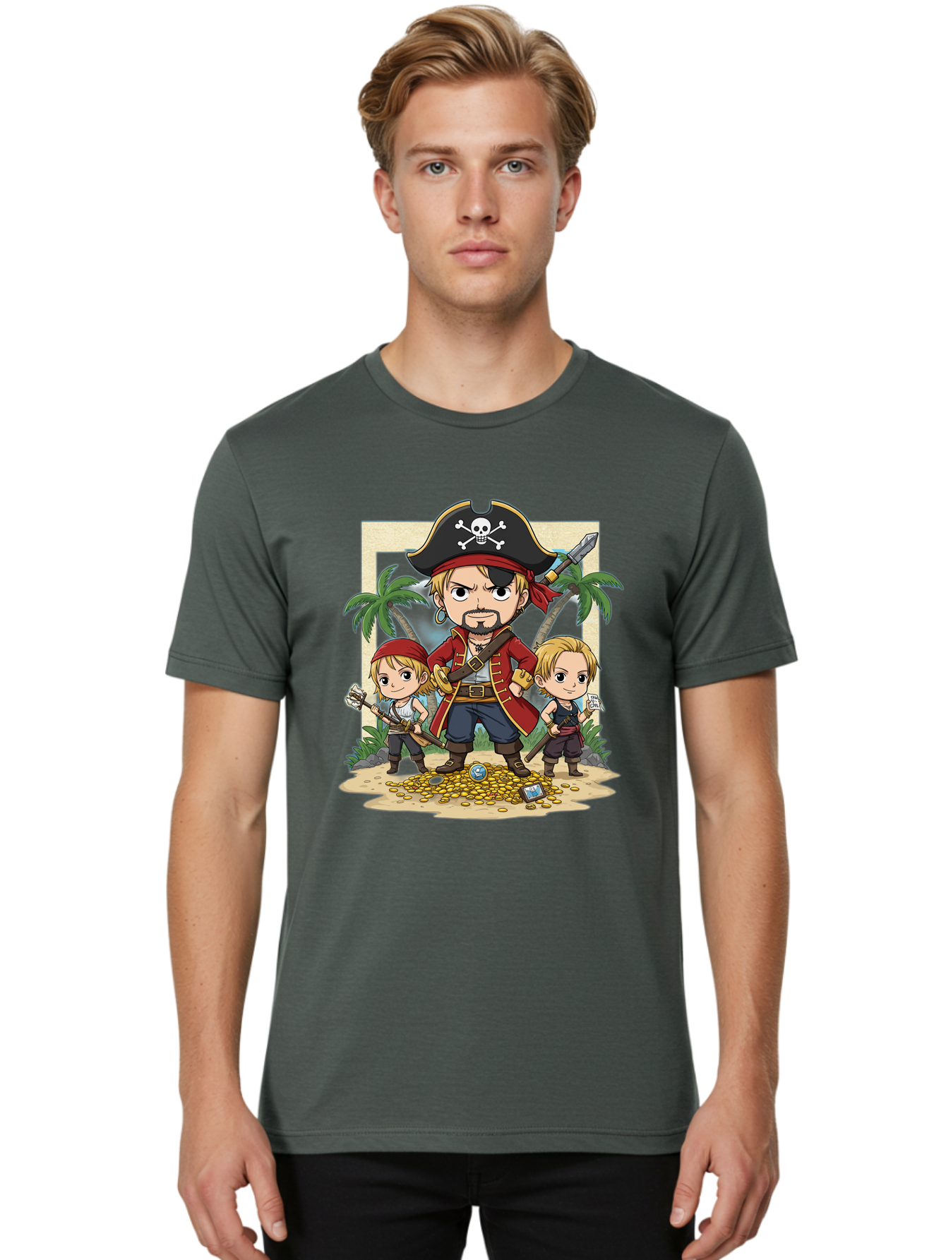 Pirate-And-Children Men'S Graphic Tee, 100% Cotton, Comfortable Casual Summer Wear, Machine Washable, Cartoon Pirate, Pirate Crew, Pirate Adventure, Swashbuckling, Treasure Hunt, Pirate Life, Pirate Kids, Pirate Art, Kids Illustration, Bac256