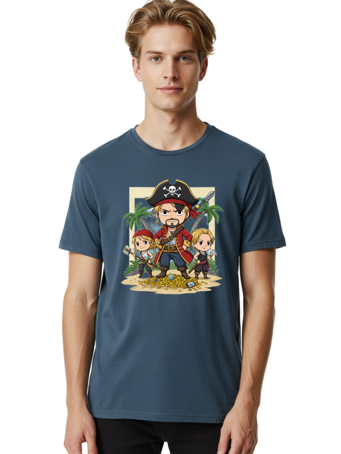 Pirate-And-Children Men'S Graphic Tee, 100% Cotton, Comfortable Casual Summer Wear, Machine Washable, Cartoon Pirate, Pirate Crew, Pirate Adventure, Swashbuckling, Treasure Hunt, Pirate Life, Pirate Kids, Pirate Art, Kids Illustration, Bac256