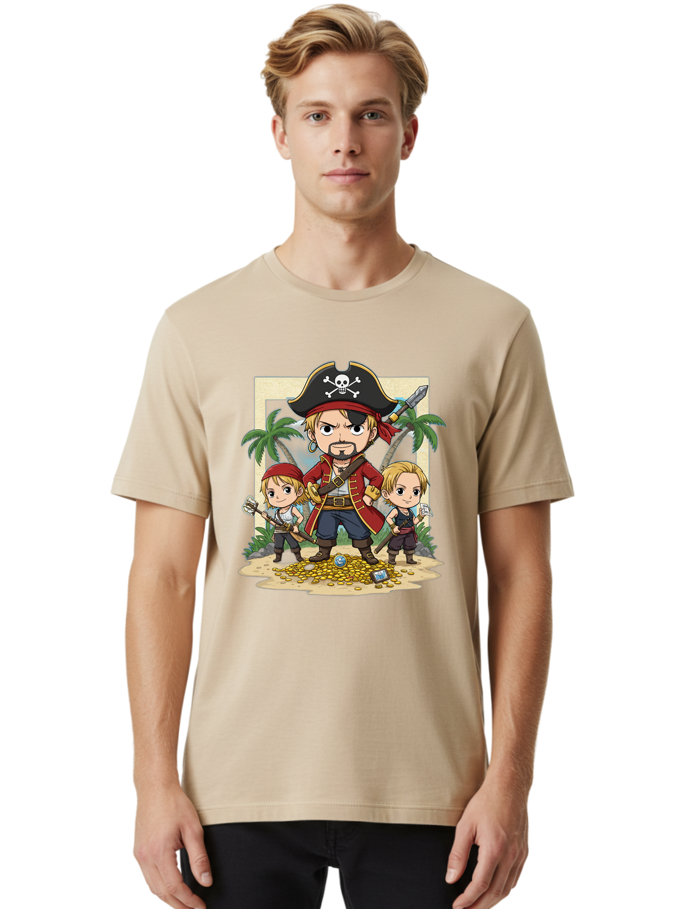 Pirate-And-Children Men'S Graphic Tee, 100% Cotton, Comfortable Casual Summer Wear, Machine Washable, Cartoon Pirate, Pirate Crew, Pirate Adventure, Swashbuckling, Treasure Hunt, Pirate Life, Pirate Kids, Pirate Art, Kids Illustration, Bac256