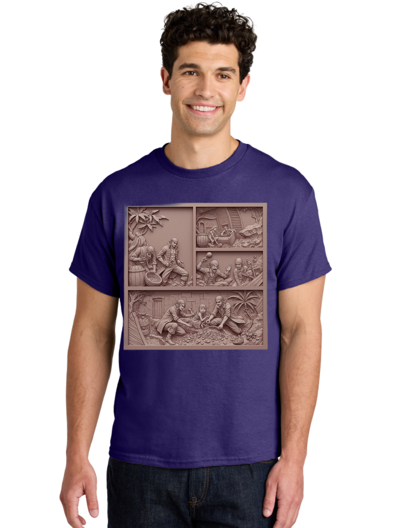 Pirates-Searching-For-Treasure Men'S Graphic Tee, 100% Cotton, Comfortable Casual Summer Wear, Machine Washable, Pirate Scene, Pirate Treasure, Pirate Life, Pirate Adventure, Pirate Loot, Pirate Gold, Buried Treasure, Pirate Theme, Bac258