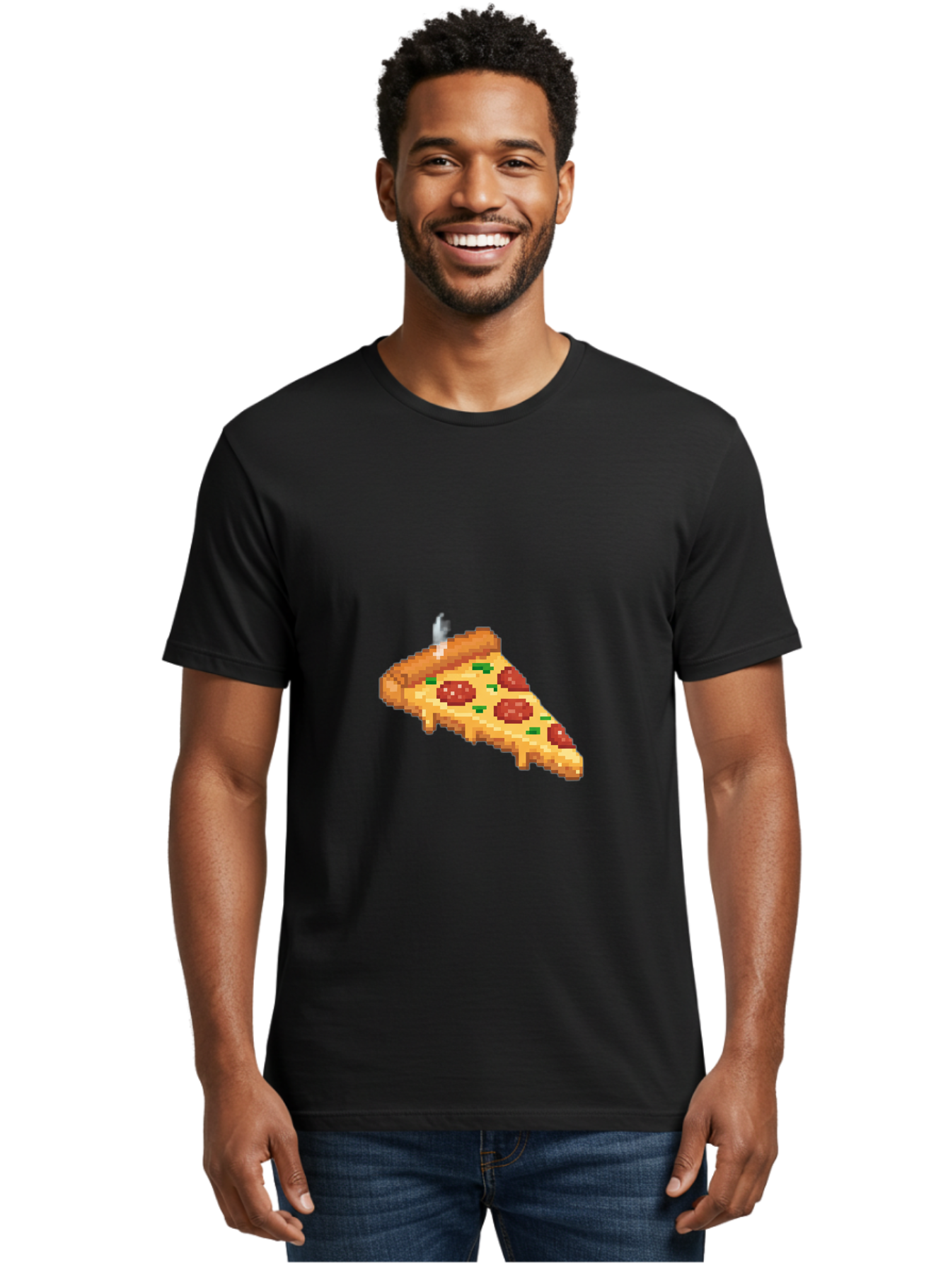 Pixelated-Pizza-Slice Men'S Graphic Tee, 100% Cotton, Comfortable Casual Summer Wear, Machine Washable, Delicious Pepperoni Pizza, Cheesy Goodness, Pixel Art, Retro Video Game, Tasty Treat, Melted Cheese, Savory Flavors, Foodie Delight Bac259