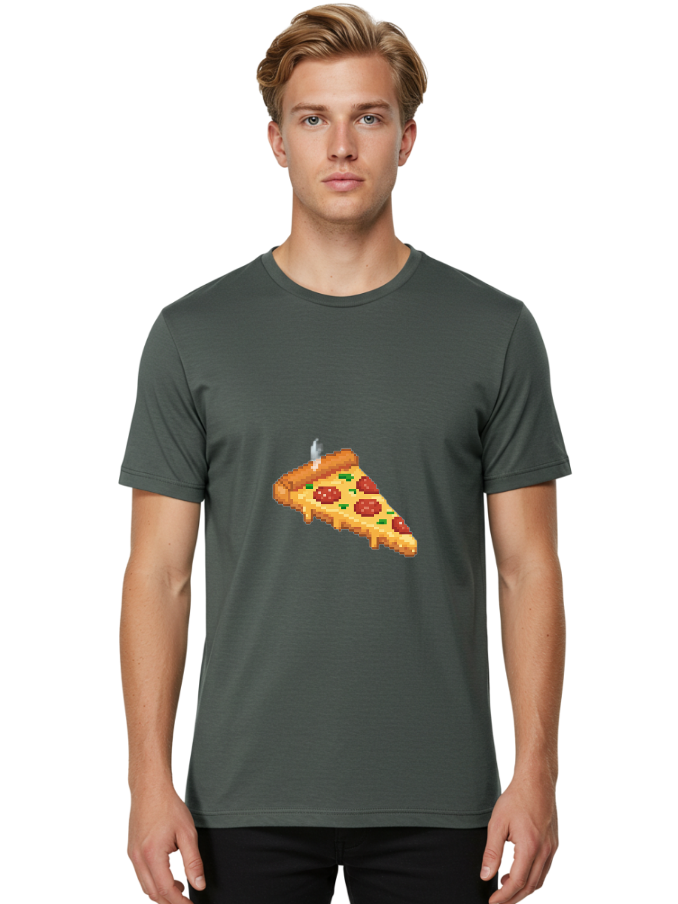 Pixelated-Pizza-Slice Men'S Graphic Tee, 100% Cotton, Comfortable Casual Summer Wear, Machine Washable, Delicious Pepperoni Pizza, Cheesy Goodness, Pixel Art, Retro Video Game, Tasty Treat, Melted Cheese, Savory Flavors, Foodie Delight Bac259