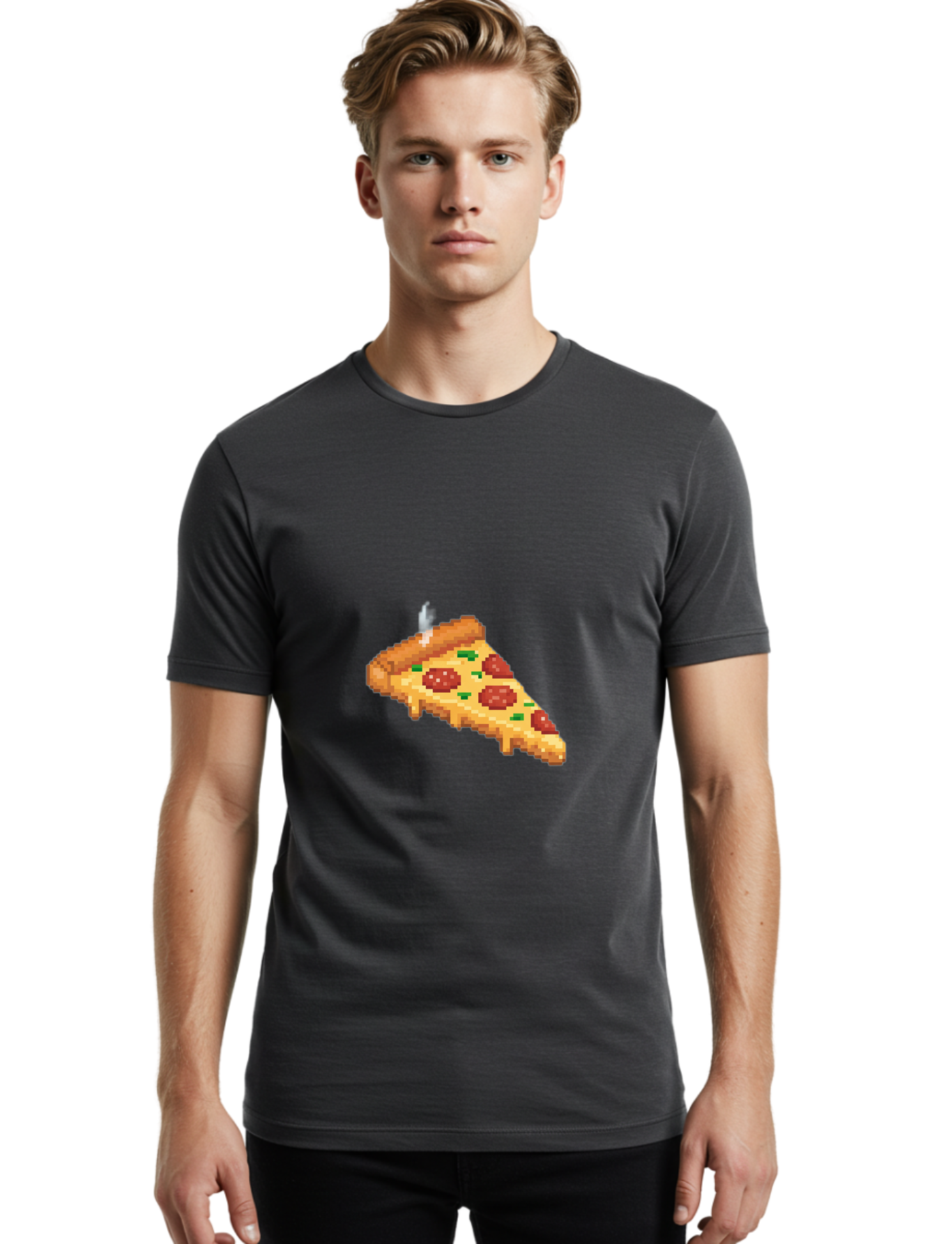 Pixelated-Pizza-Slice Men'S Graphic Tee, 100% Cotton, Comfortable Casual Summer Wear, Machine Washable, Delicious Pepperoni Pizza, Cheesy Goodness, Pixel Art, Retro Video Game, Tasty Treat, Melted Cheese, Savory Flavors, Foodie Delight Bac259
