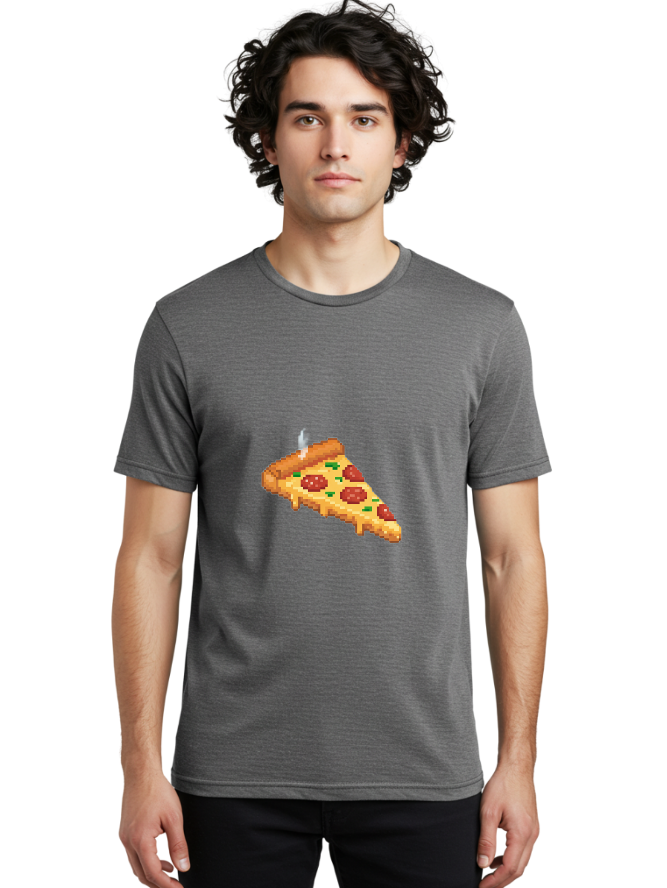 Pixelated-Pizza-Slice Men'S Graphic Tee, 100% Cotton, Comfortable Casual Summer Wear, Machine Washable, Delicious Pepperoni Pizza, Cheesy Goodness, Pixel Art, Retro Video Game, Tasty Treat, Melted Cheese, Savory Flavors, Foodie Delight Bac259