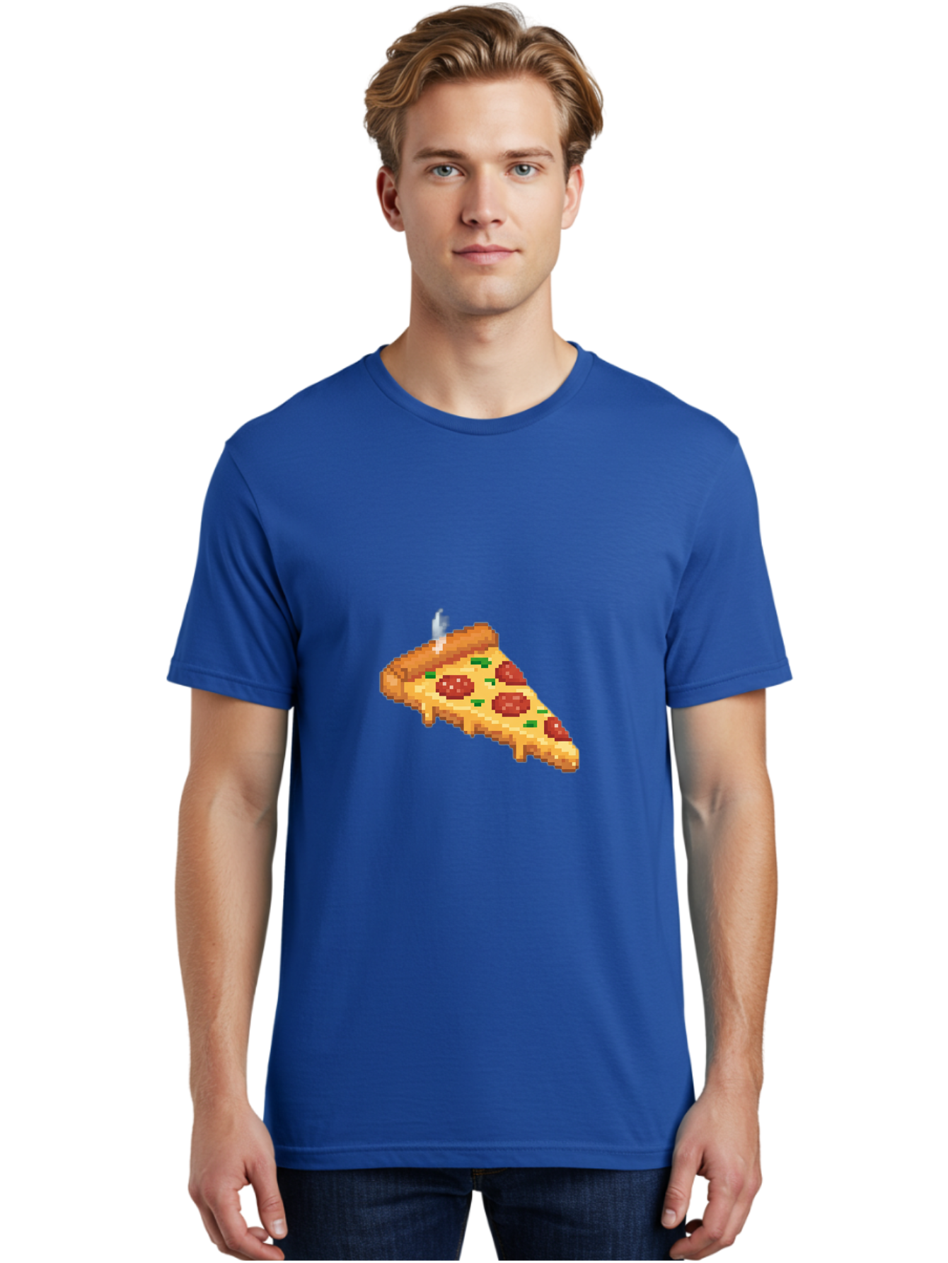 Pixelated-Pizza-Slice Men'S Graphic Tee, 100% Cotton, Comfortable Casual Summer Wear, Machine Washable, Delicious Pepperoni Pizza, Cheesy Goodness, Pixel Art, Retro Video Game, Tasty Treat, Melted Cheese, Savory Flavors, Foodie Delight Bac259