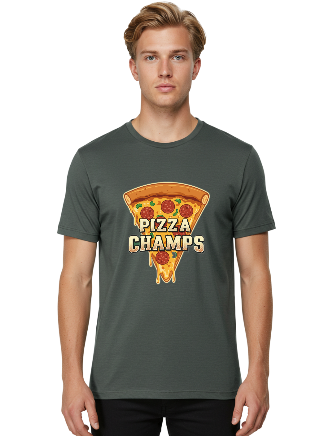 Pizza-Champs Men'S Graphic Tee, 100% Cotton, Comfortable Casual Summer Wear, Machine Washable, Pepperoni Pizza Slice, Cheese Stretch, Pizza Toppings, Italian Food, Pizza Champions, Gaming Logo, Cartoon Style, Appetizing Pizza, Cheesy Pizza, Bac261