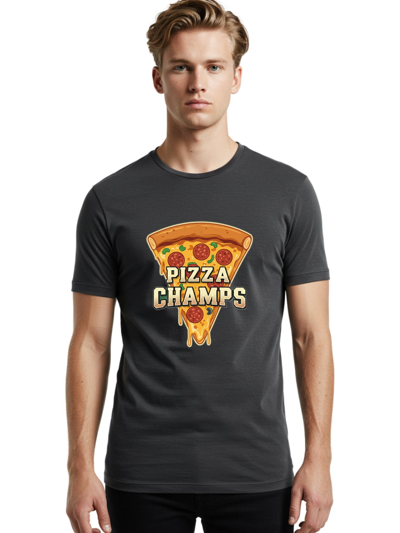 Pizza-Champs Men'S Graphic Tee, 100% Cotton, Comfortable Casual Summer Wear, Machine Washable, Pepperoni Pizza Slice, Cheese Stretch, Pizza Toppings, Italian Food, Pizza Champions, Gaming Logo, Cartoon Style, Appetizing Pizza, Cheesy Pizza, Bac261