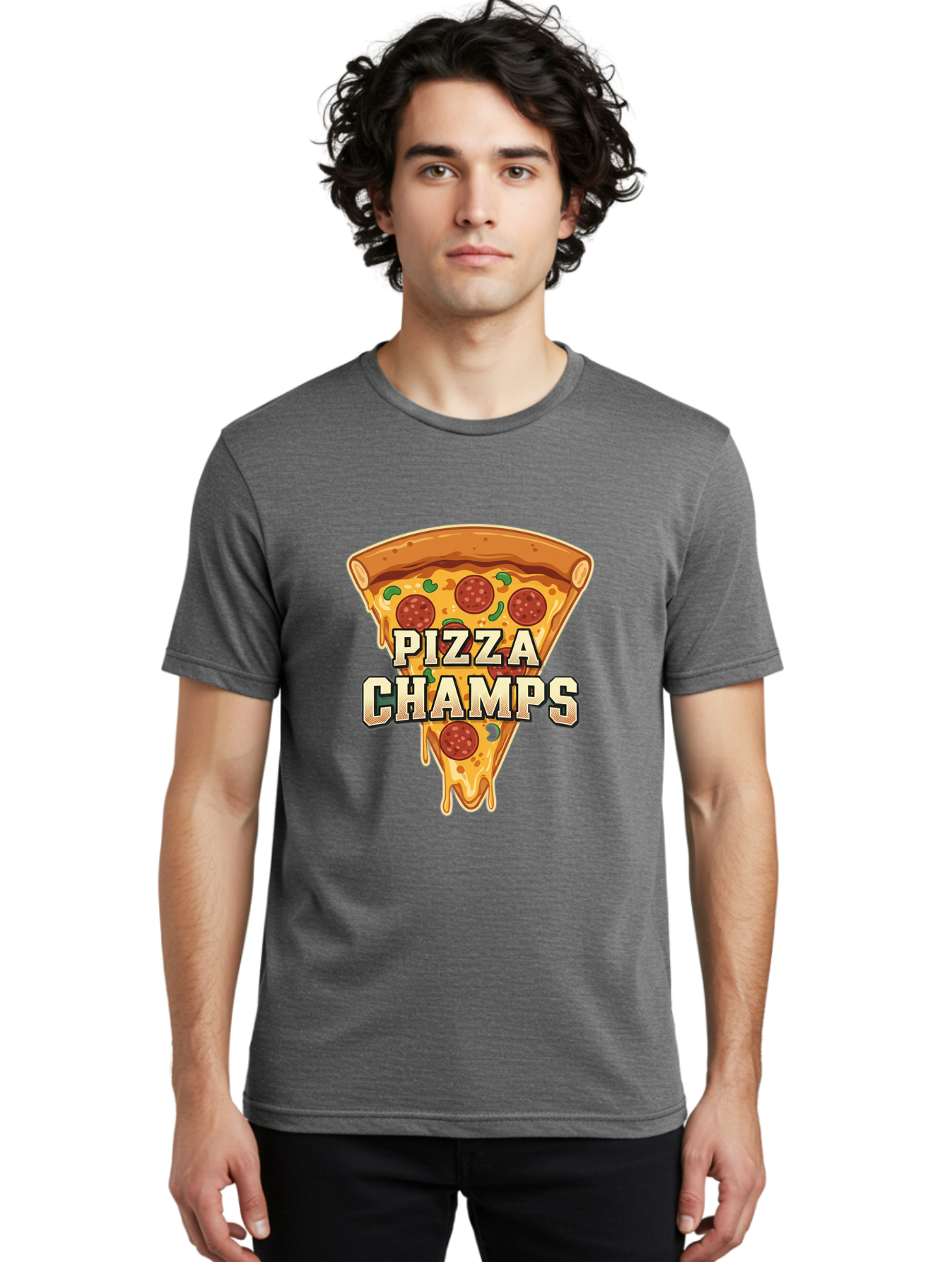 Pizza-Champs Men'S Graphic Tee, 100% Cotton, Comfortable Casual Summer Wear, Machine Washable, Pepperoni Pizza Slice, Cheese Stretch, Pizza Toppings, Italian Food, Pizza Champions, Gaming Logo, Cartoon Style, Appetizing Pizza, Cheesy Pizza, Bac261