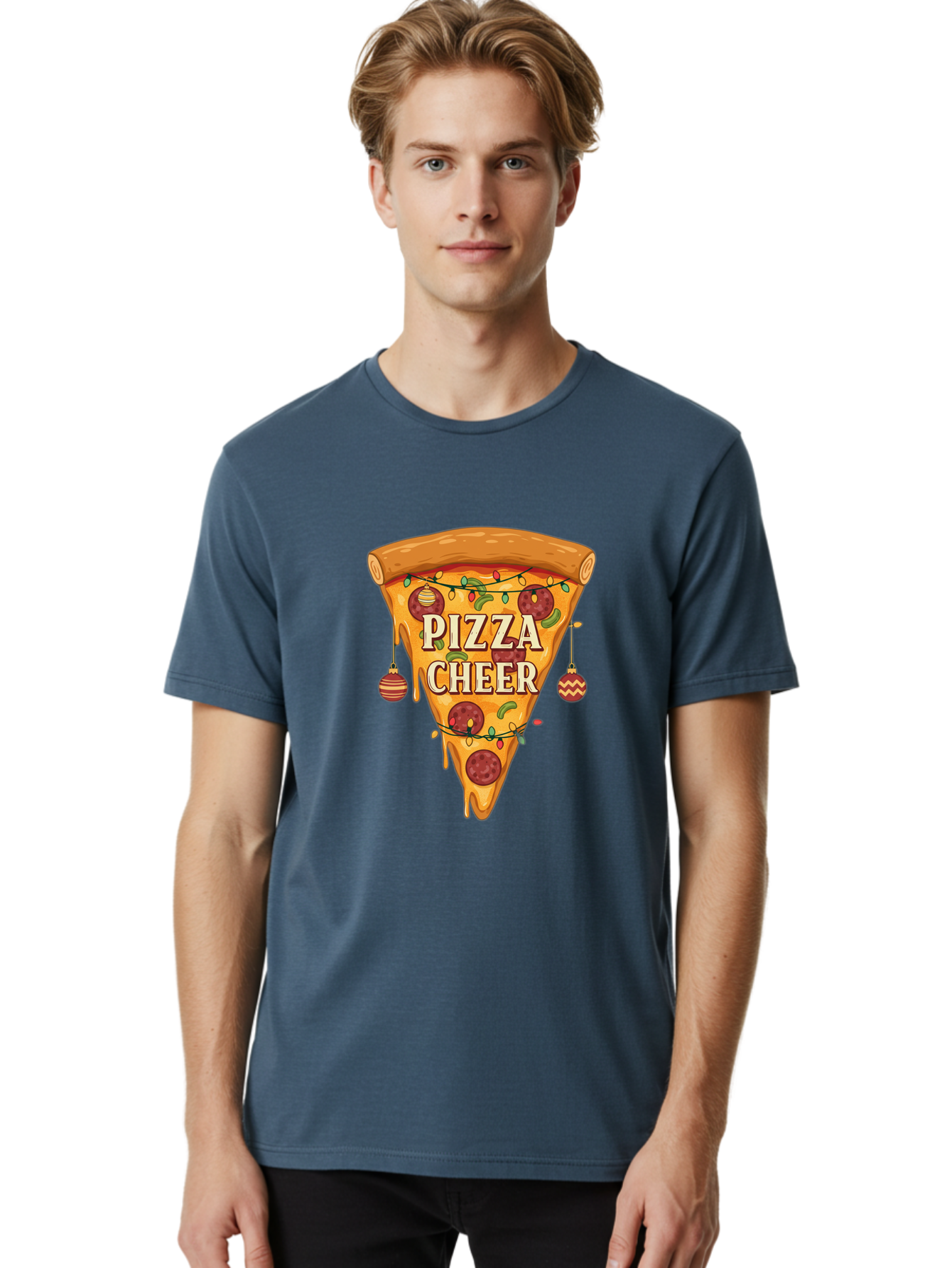 Pizza-Cheer Men'S Graphic Tee, 100% Cotton, Comfortable Casual Summer Wear, Machine Washable, Pizza Slice, Pepperoni Pizza, Christmas Decorations, Holiday Cheer, Festive Food, Delicious Pizza, Christmas Ornaments, Pizza Party, Merry Christmas Bac262