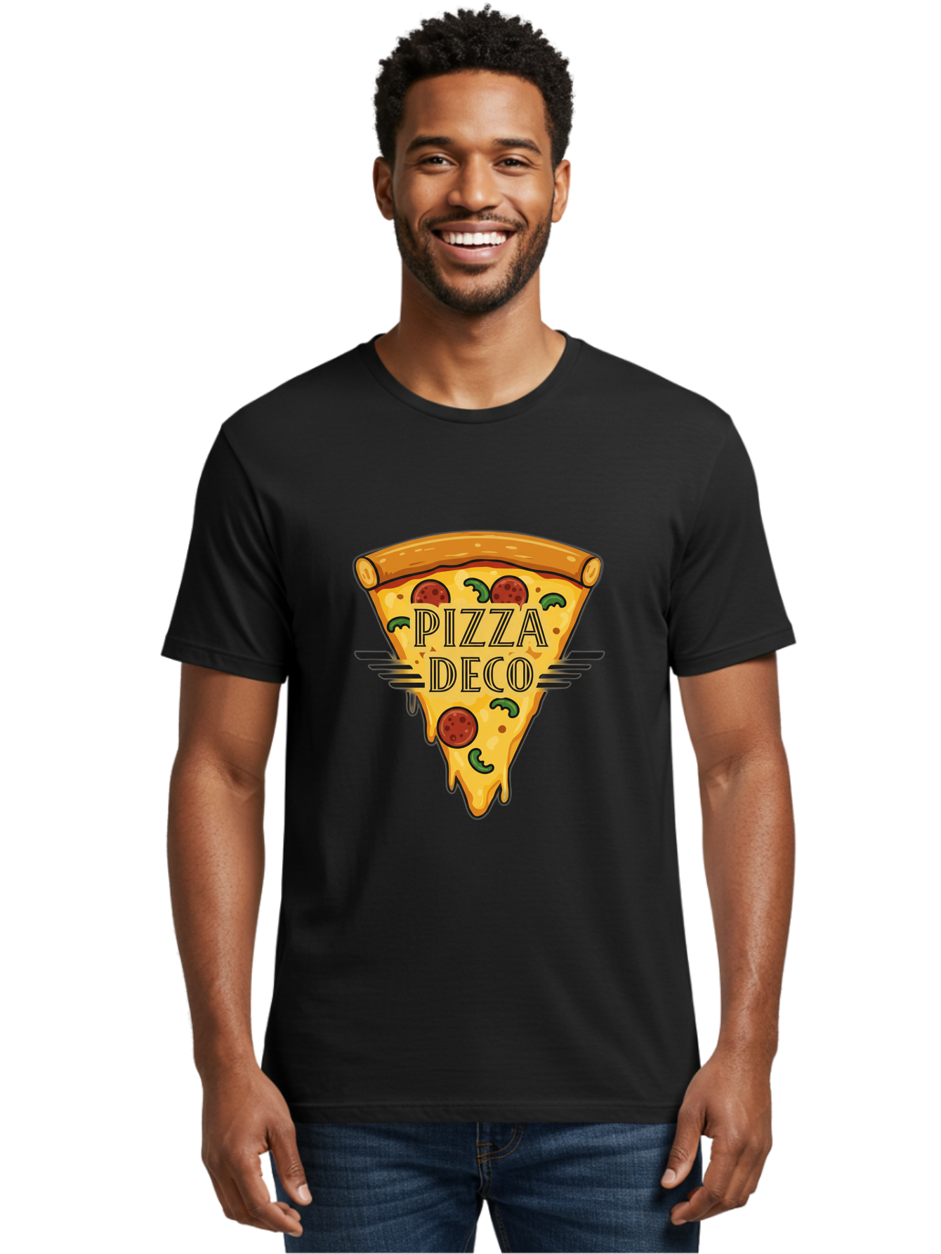 Pizza-Deco Men'S Graphic Tee, 100% Cotton, Comfortable Casual Summer Wear, Machine Washable, Pizza Slice, Melted Cheese, Pepperoni Pizza, Jalapeno Slices, Italian Food, Food Logo, Pizza Branding, Cartoon Illustration, Cheesy Goodness, Bac263