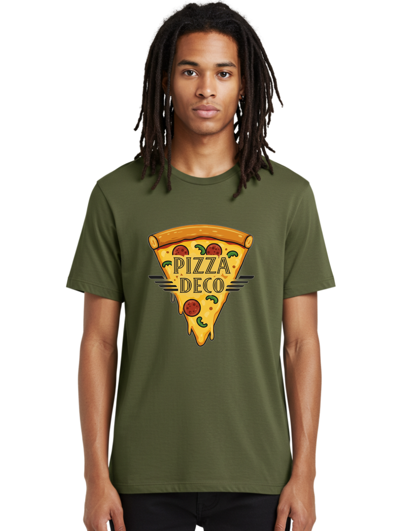 Pizza-Deco Men'S Graphic Tee, 100% Cotton, Comfortable Casual Summer Wear, Machine Washable, Pizza Slice, Melted Cheese, Pepperoni Pizza, Jalapeno Slices, Italian Food, Food Logo, Pizza Branding, Cartoon Illustration, Cheesy Goodness, Bac263