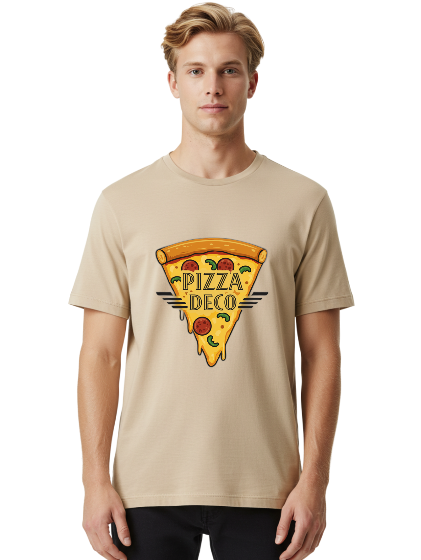 Pizza-Deco Men'S Graphic Tee, 100% Cotton, Comfortable Casual Summer Wear, Machine Washable, Pizza Slice, Melted Cheese, Pepperoni Pizza, Jalapeno Slices, Italian Food, Food Logo, Pizza Branding, Cartoon Illustration, Cheesy Goodness, Bac263