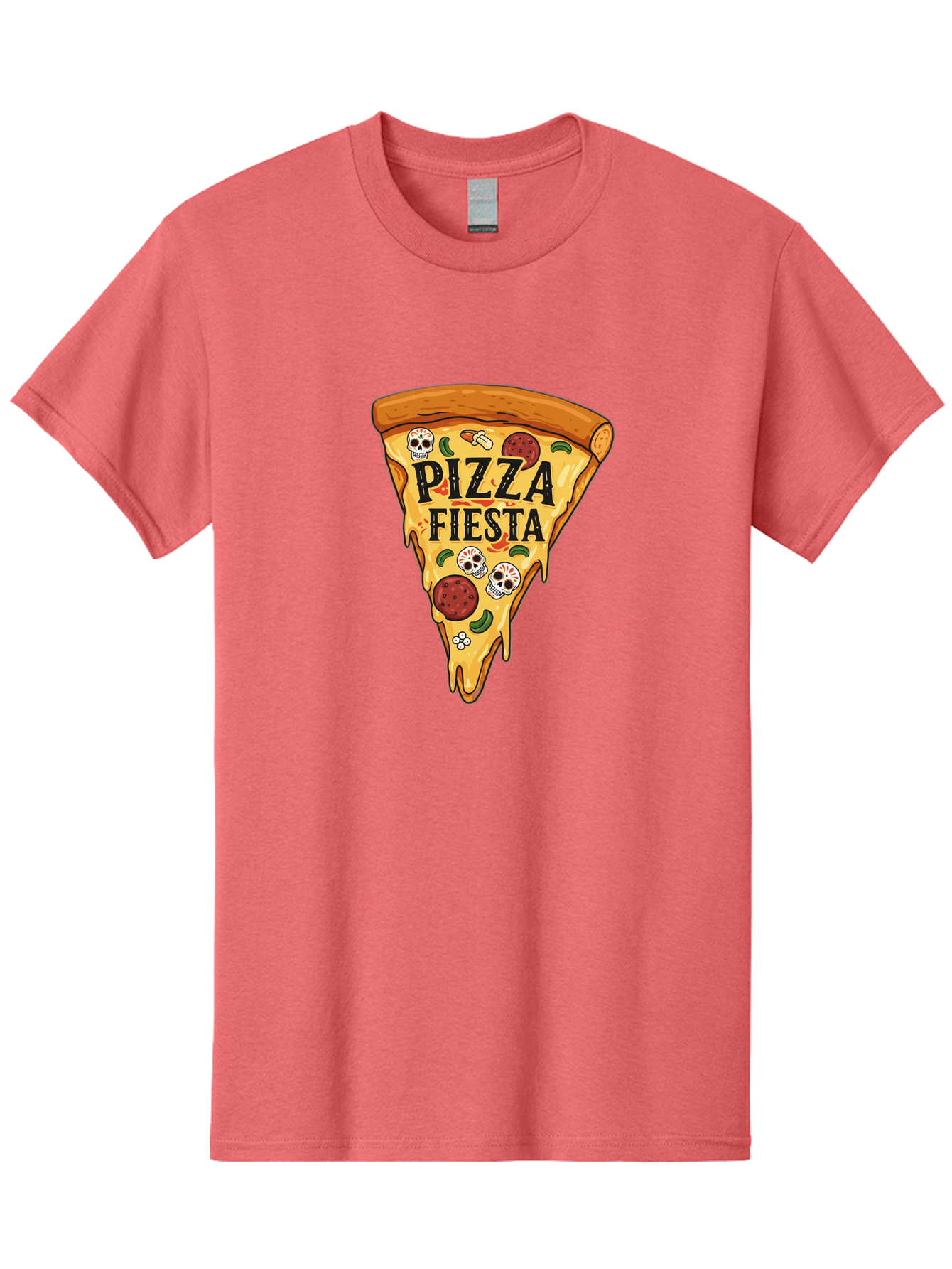 Pizza-Fiesta Men'S Graphic Tee, 100% Cotton, Comfortable Casual Summer Wear, Machine Washable, Pizza Slice, Melted Cheese, Pepperoni Topping, Jalapeno Peppers, Skull Decoration, Fiesta Theme, Cartoon Style, Savory Food, Spicy Pizza, Bac264