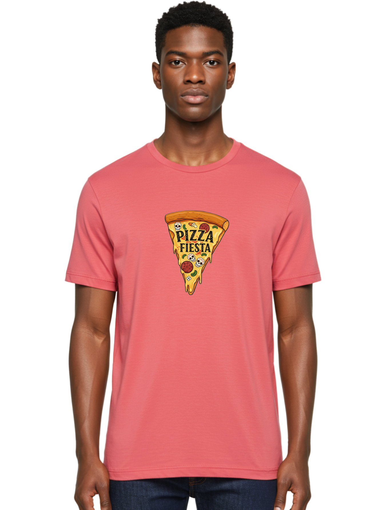 Pizza-Fiesta Men'S Graphic Tee, 100% Cotton, Comfortable Casual Summer Wear, Machine Washable, Pizza Slice, Melted Cheese, Pepperoni Topping, Jalapeno Peppers, Skull Decoration, Fiesta Theme, Cartoon Style, Savory Food, Spicy Pizza, Bac264