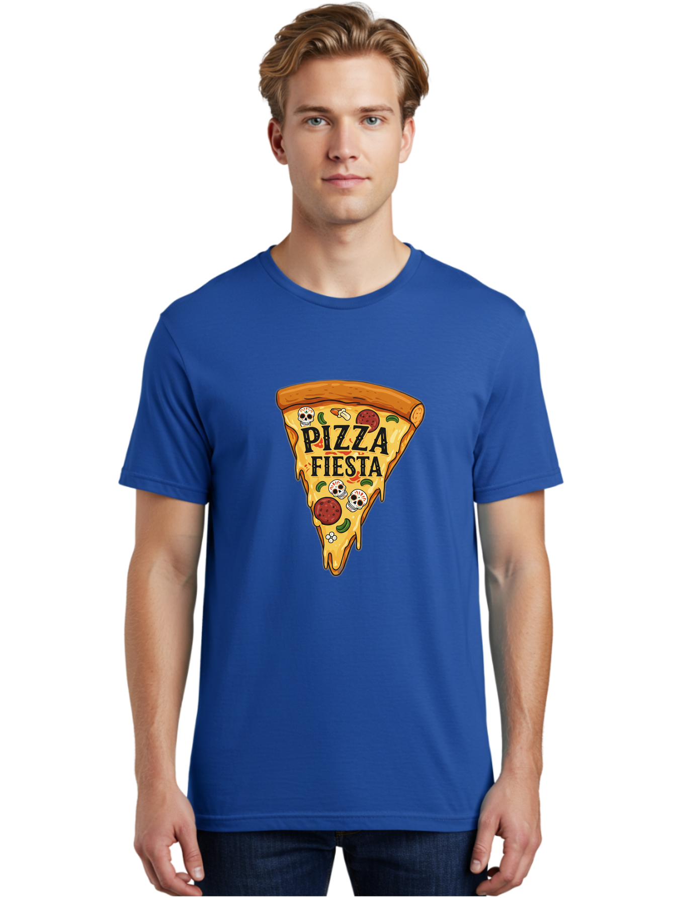 Pizza-Fiesta Men'S Graphic Tee, 100% Cotton, Comfortable Casual Summer Wear, Machine Washable, Pizza Slice, Melted Cheese, Pepperoni Topping, Jalapeno Peppers, Skull Decoration, Fiesta Theme, Cartoon Style, Savory Food, Spicy Pizza, Bac264