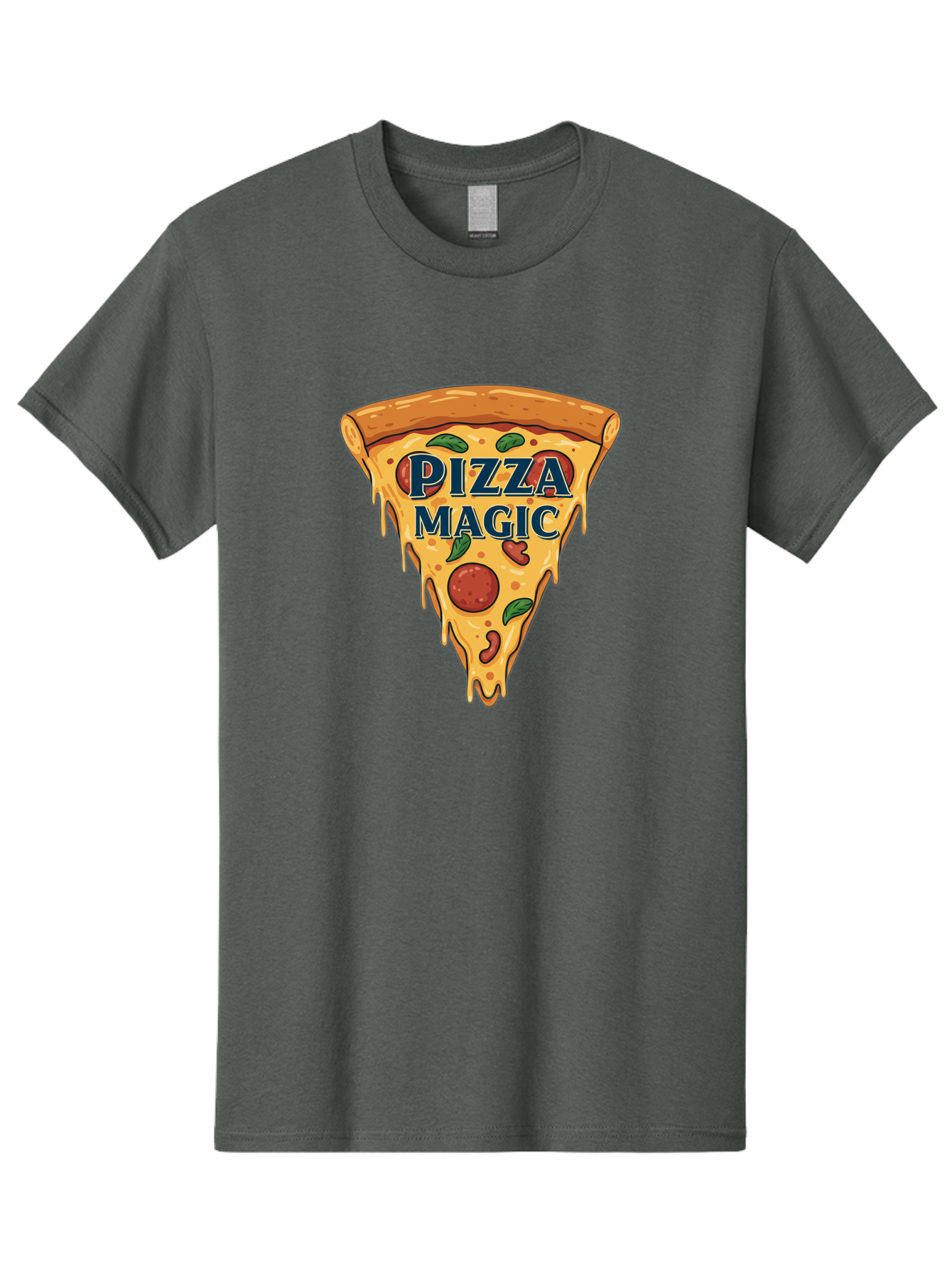Pizza-Magic Men'S Graphic Tee, 100% Cotton, Comfortable Casual Summer Wear, Machine Washable, Pizza Slice, Cheesy Goodness, Pepperoni Pizza, Basil Leaves, Gooey Cheese, Melting Cheese, Savory Delight, Pizza Magic Bac265