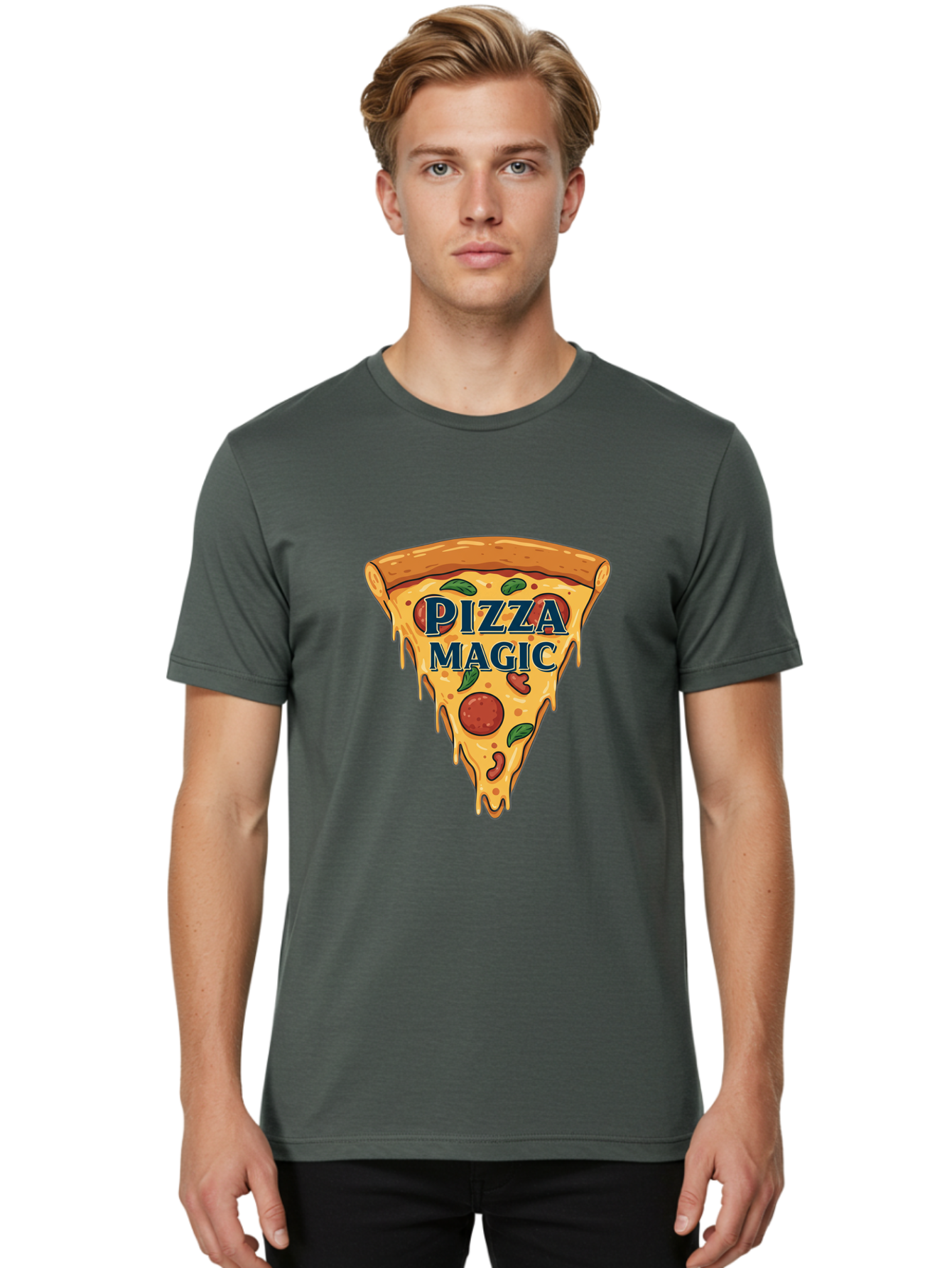 Pizza-Magic Men'S Graphic Tee, 100% Cotton, Comfortable Casual Summer Wear, Machine Washable, Pizza Slice, Cheesy Goodness, Pepperoni Pizza, Basil Leaves, Gooey Cheese, Melting Cheese, Savory Delight, Pizza Magic Bac265