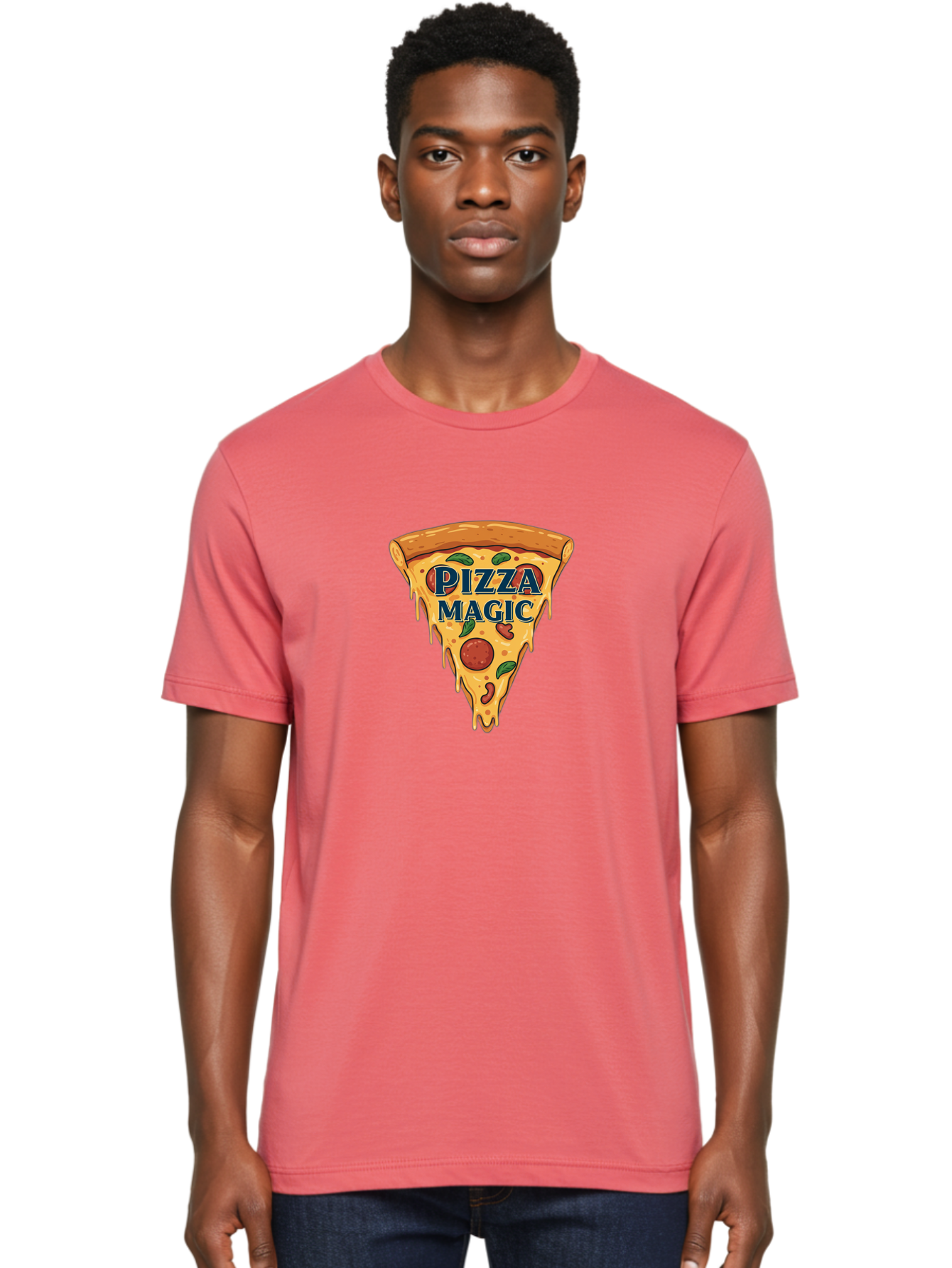 Pizza-Magic Men'S Graphic Tee, 100% Cotton, Comfortable Casual Summer Wear, Machine Washable, Pizza Slice, Cheesy Goodness, Pepperoni Pizza, Basil Leaves, Gooey Cheese, Melting Cheese, Savory Delight, Pizza Magic Bac265