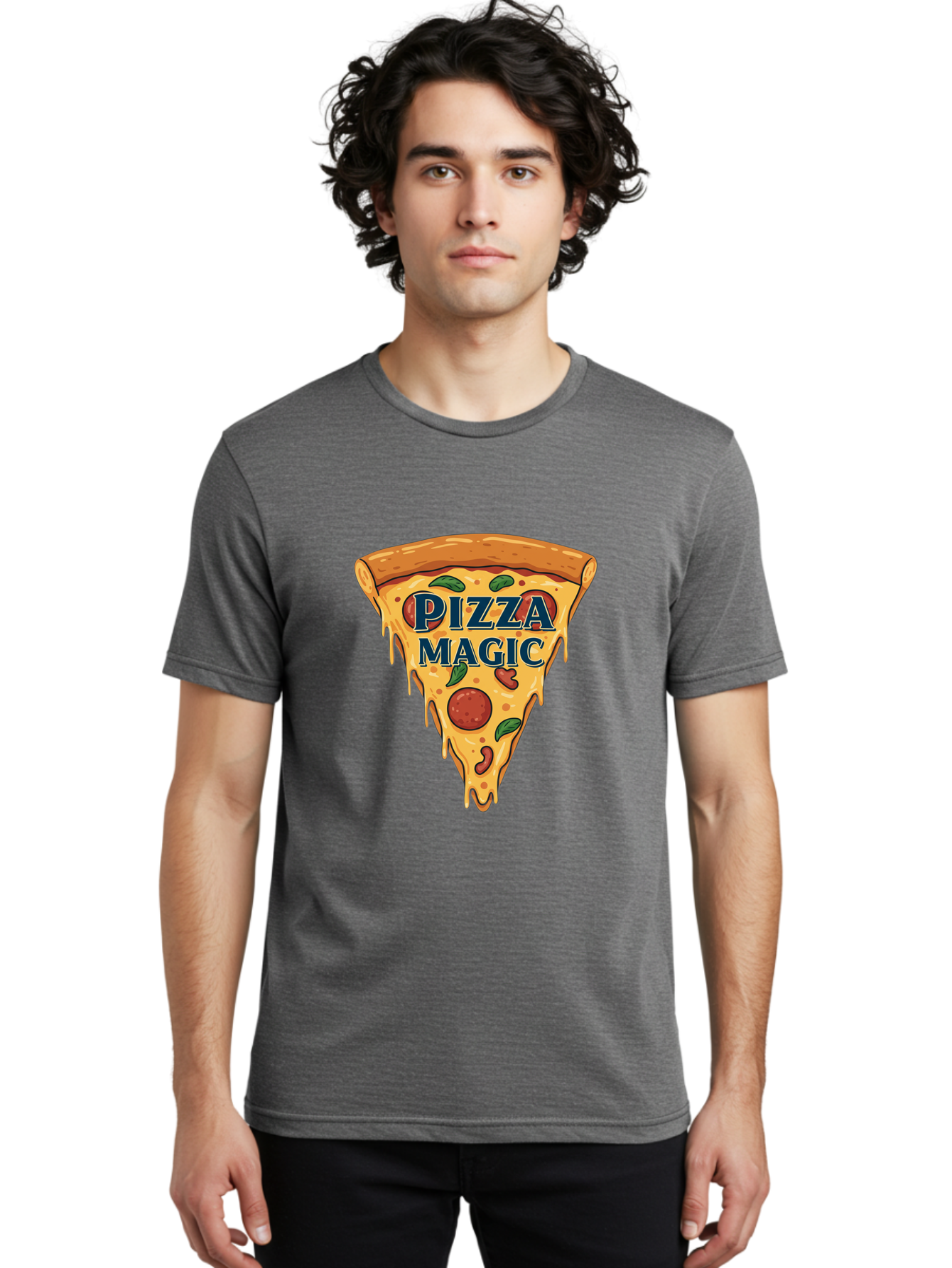 Pizza-Magic Men'S Graphic Tee, 100% Cotton, Comfortable Casual Summer Wear, Machine Washable, Pizza Slice, Cheesy Goodness, Pepperoni Pizza, Basil Leaves, Gooey Cheese, Melting Cheese, Savory Delight, Pizza Magic Bac265