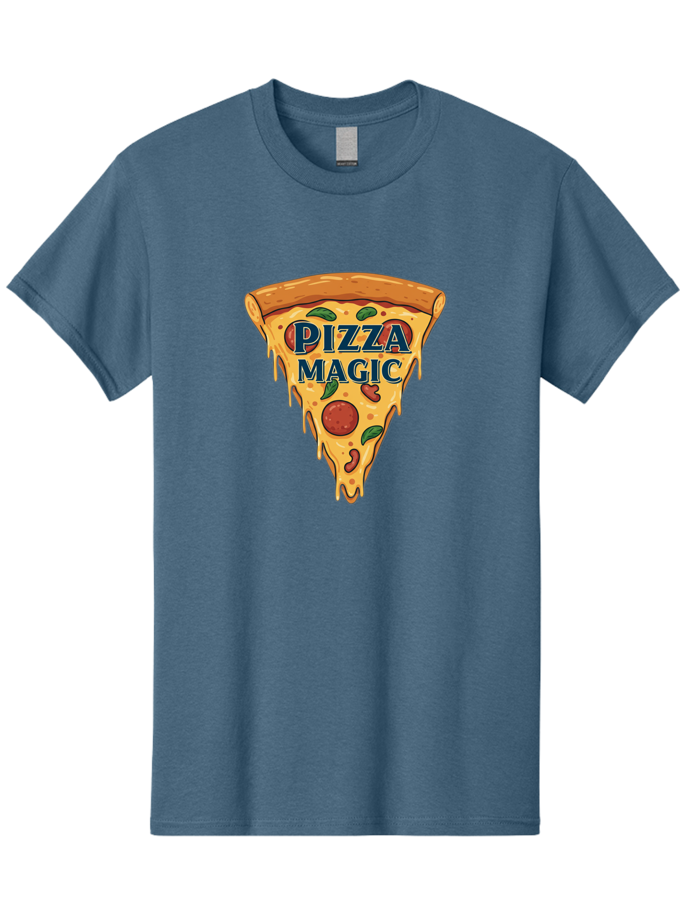 Pizza-Magic Men'S Graphic Tee, 100% Cotton, Comfortable Casual Summer Wear, Machine Washable, Pizza Slice, Cheesy Goodness, Pepperoni Pizza, Basil Leaves, Gooey Cheese, Melting Cheese, Savory Delight, Pizza Magic Bac265