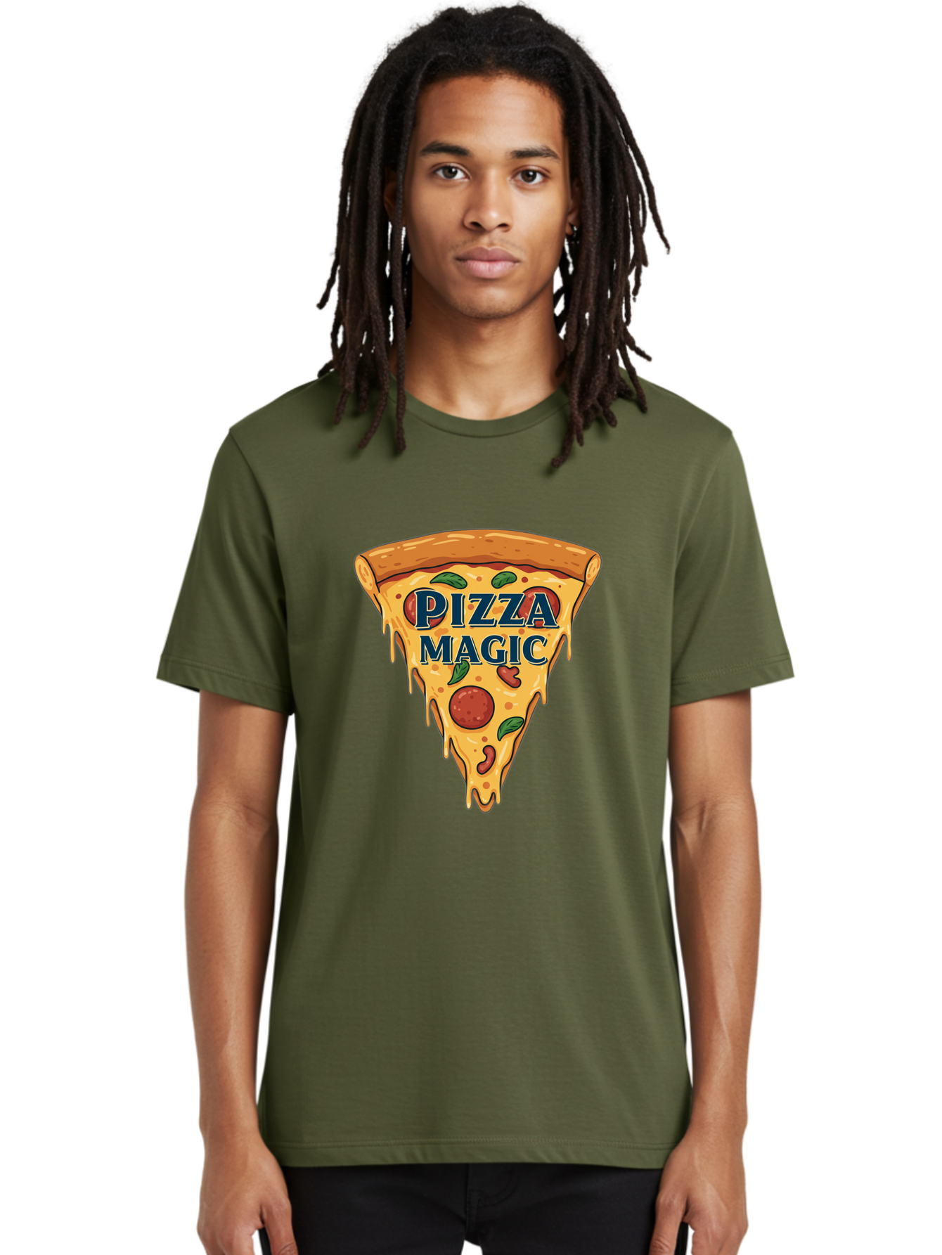 Pizza-Magic Men'S Graphic Tee, 100% Cotton, Comfortable Casual Summer Wear, Machine Washable, Pizza Slice, Cheesy Goodness, Pepperoni Pizza, Basil Leaves, Gooey Cheese, Melting Cheese, Savory Delight, Pizza Magic Bac265