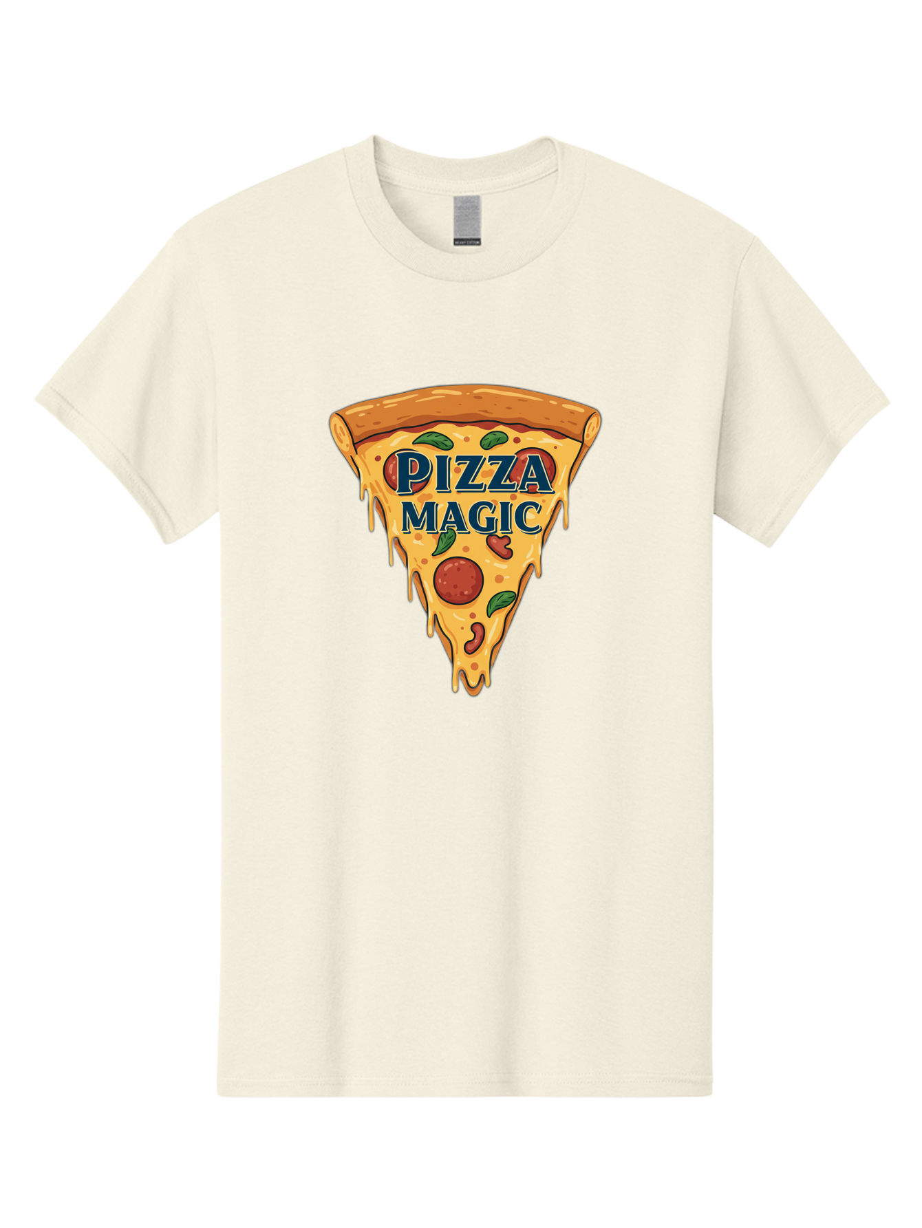 Pizza-Magic Men'S Graphic Tee, 100% Cotton, Comfortable Casual Summer Wear, Machine Washable, Pizza Slice, Cheesy Goodness, Pepperoni Pizza, Basil Leaves, Gooey Cheese, Melting Cheese, Savory Delight, Pizza Magic Bac265