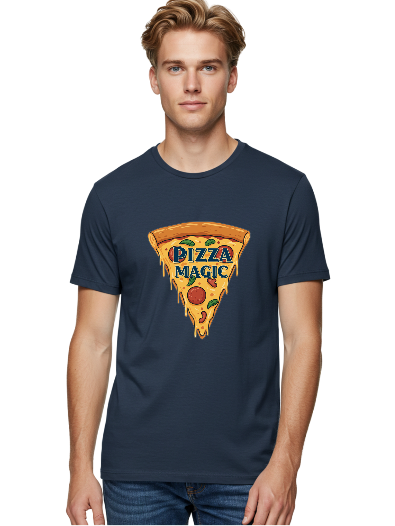 Pizza-Magic Men'S Graphic Tee, 100% Cotton, Comfortable Casual Summer Wear, Machine Washable, Pizza Slice, Cheesy Goodness, Pepperoni Pizza, Basil Leaves, Gooey Cheese, Melting Cheese, Savory Delight, Pizza Magic Bac265