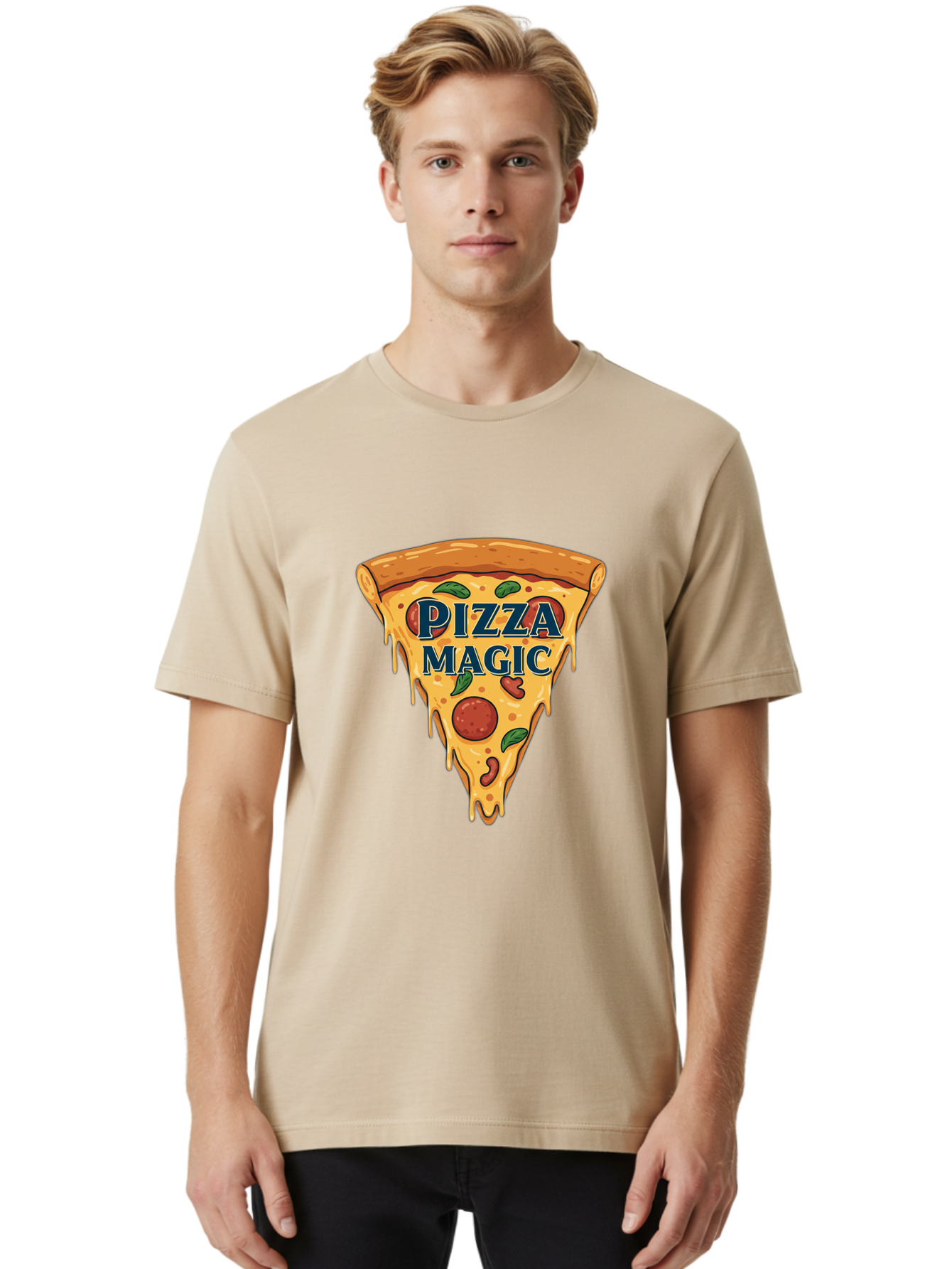 Pizza-Magic Men'S Graphic Tee, 100% Cotton, Comfortable Casual Summer Wear, Machine Washable, Pizza Slice, Cheesy Goodness, Pepperoni Pizza, Basil Leaves, Gooey Cheese, Melting Cheese, Savory Delight, Pizza Magic Bac265