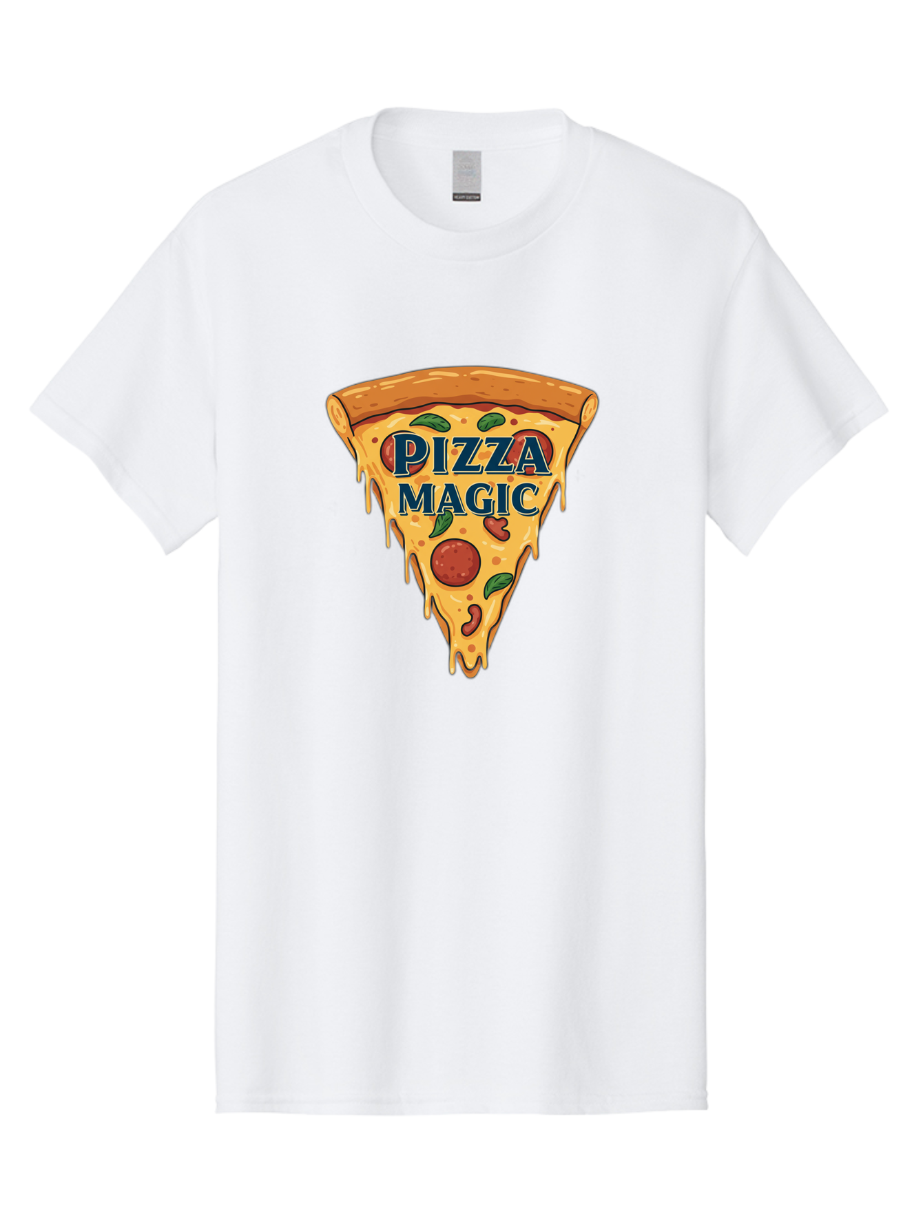 Pizza-Magic Men'S Graphic Tee, 100% Cotton, Comfortable Casual Summer Wear, Machine Washable, Pizza Slice, Cheesy Goodness, Pepperoni Pizza, Basil Leaves, Gooey Cheese, Melting Cheese, Savory Delight, Pizza Magic Bac265