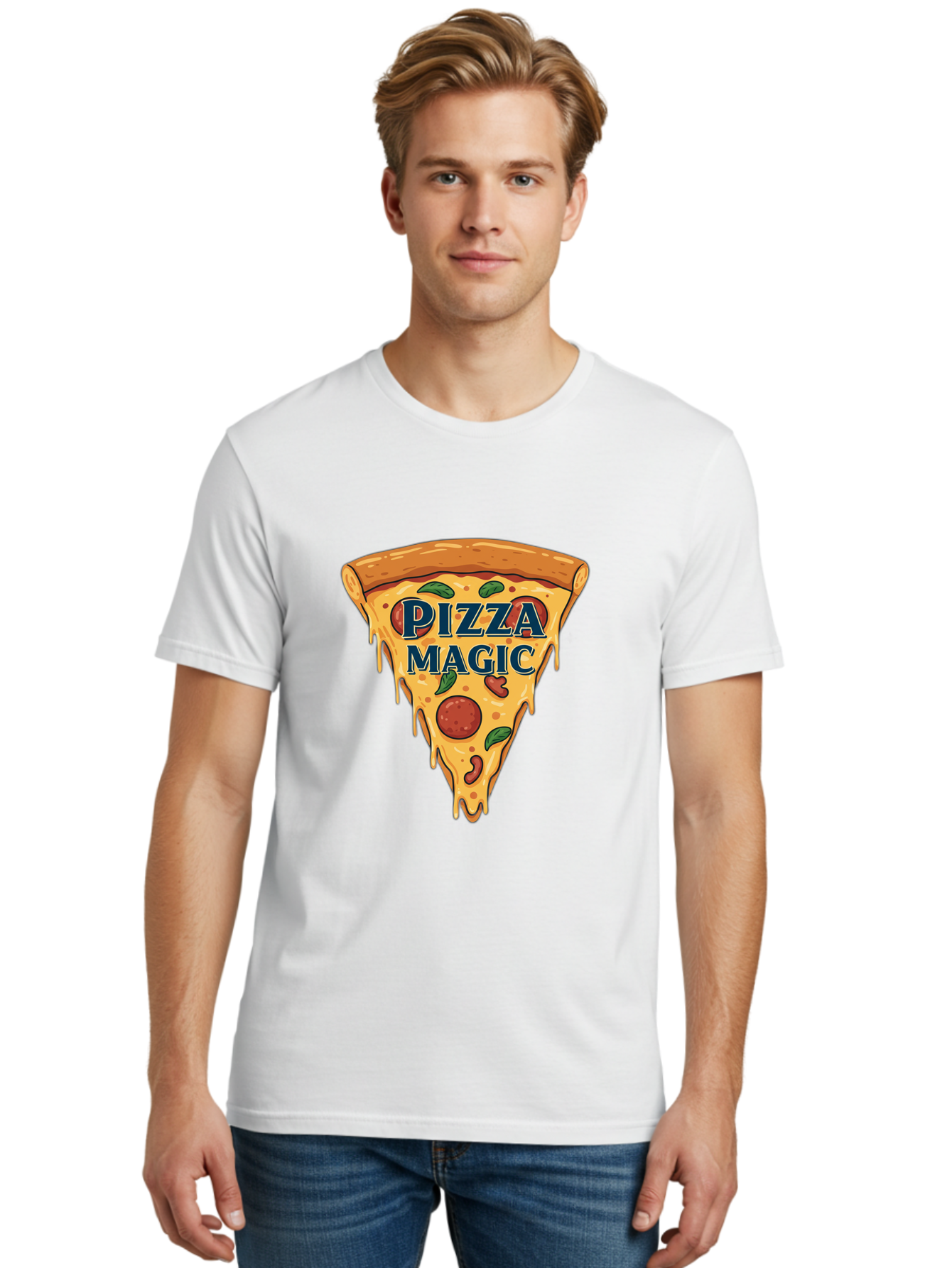 Pizza-Magic Men'S Graphic Tee, 100% Cotton, Comfortable Casual Summer Wear, Machine Washable, Pizza Slice, Cheesy Goodness, Pepperoni Pizza, Basil Leaves, Gooey Cheese, Melting Cheese, Savory Delight, Pizza Magic Bac265