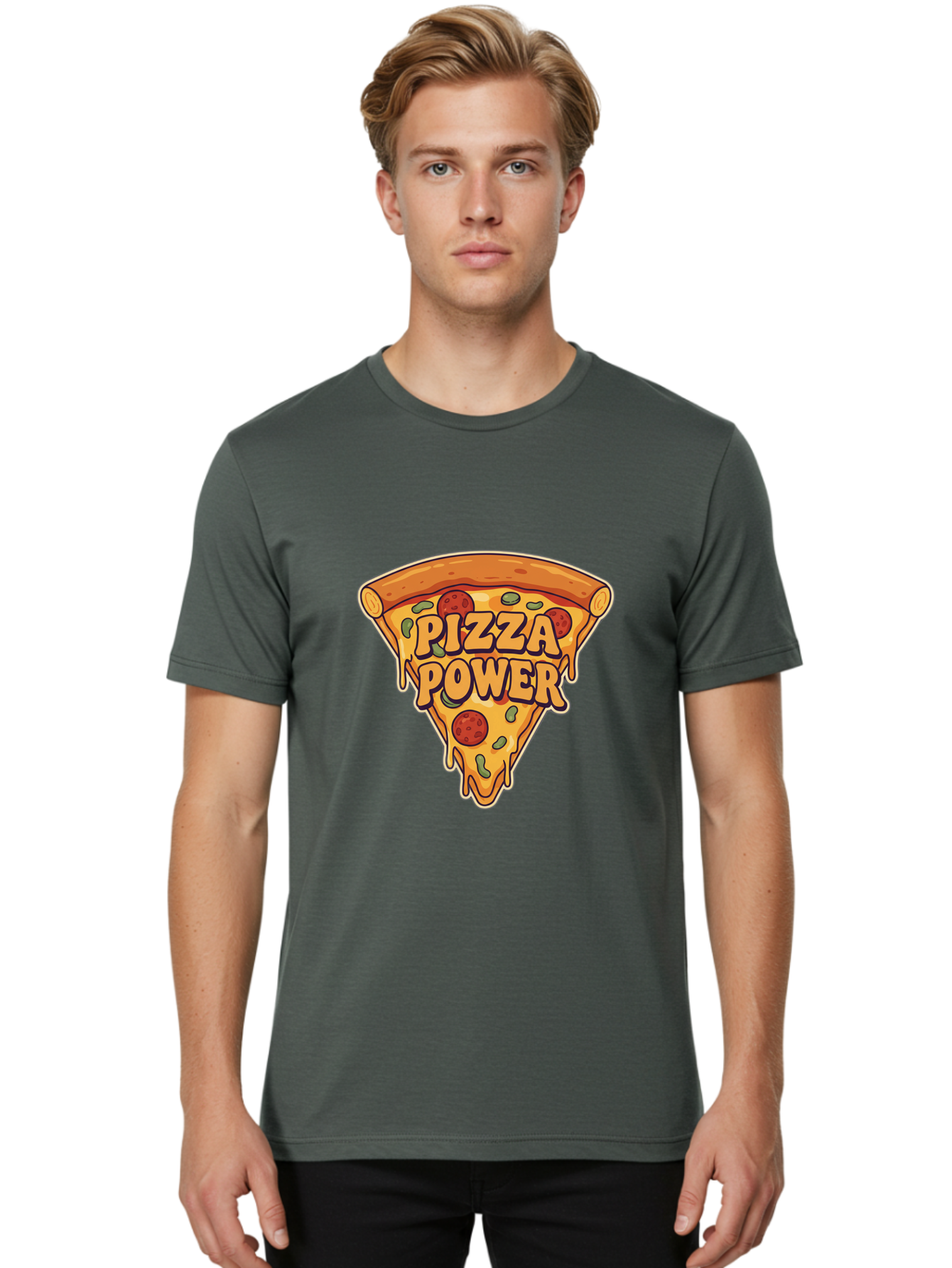 Pizza-Power Men'S Graphic Tee, 100% Cotton, Comfortable Casual Summer Wear, Machine Washable, Pizza Slice, Melted Cheese, Pepperoni Pizza, Jalapenos, Cartoon Style, Food Illustration, Melted Mozzarella, Pizza Toppings Bac267