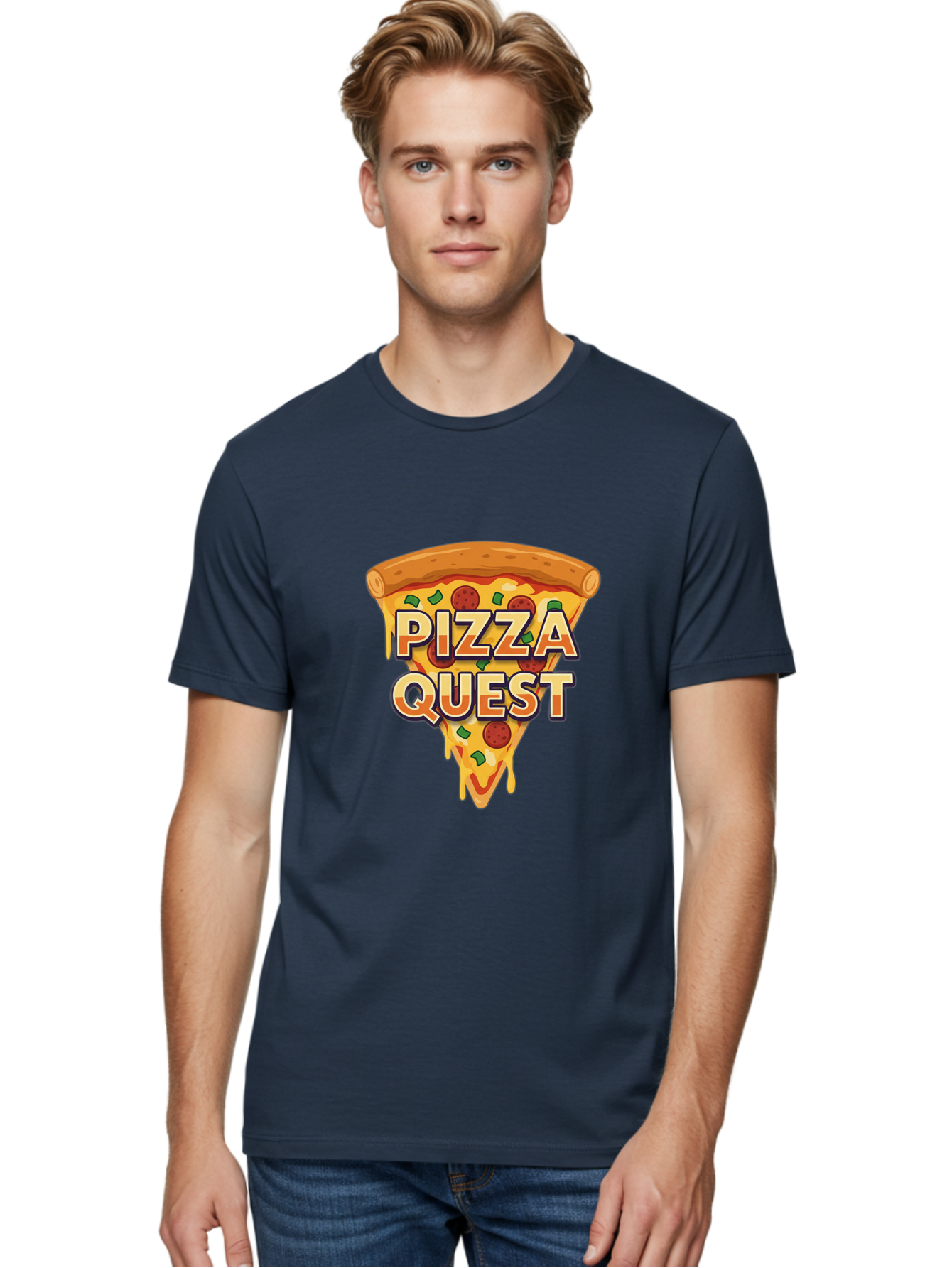 Pizza-Quest Men'S Graphic Tee, 100% Cotton, Comfortable Casual Summer Wear, Machine Washable, Pizza Slice, Melted Cheese, Pepperoni Pizza, Green Peppers, Cartoon Pizza, Food Illustration, Cheesy Goodness, Pizza Lovers, Gaming Logo Bac268