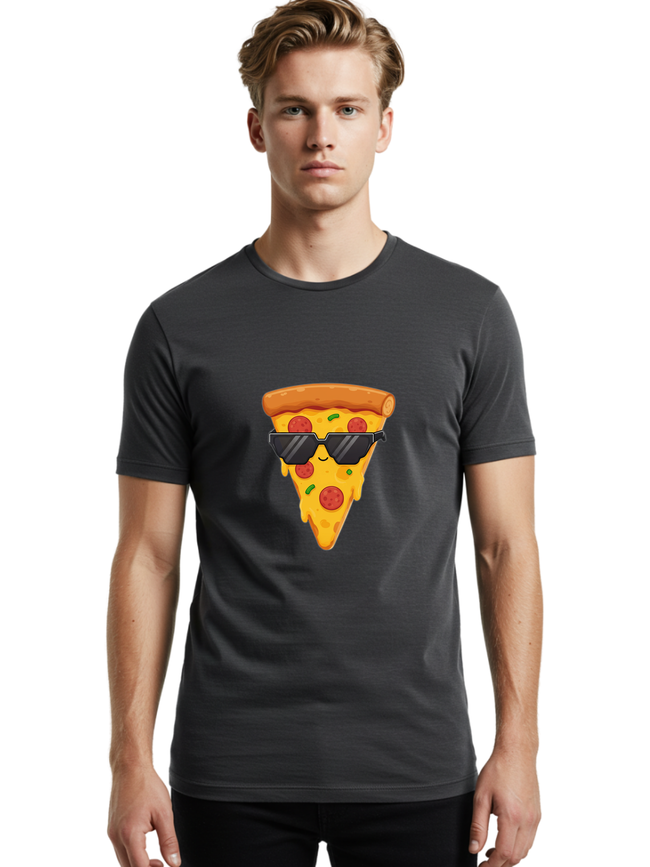 Pizza-Slice-12 Men'S Graphic Tee, 100% Cotton, Comfortable Casual Summer Wear, Machine Washable, Funny Pizza Slice, Cartoon Character, Sunglasses, Pepperoni Pizza, Melting Cheese, Casual Style, Laid-Back Vibe, Food Illustration, Quirky Design, Bac272