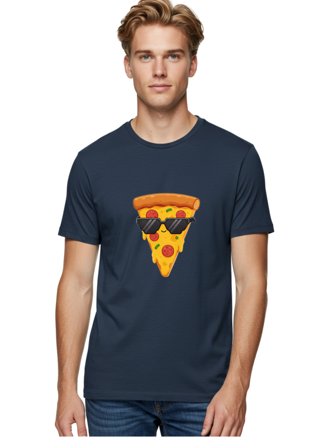 Pizza-Slice-12 Men'S Graphic Tee, 100% Cotton, Comfortable Casual Summer Wear, Machine Washable, Funny Pizza Slice, Cartoon Character, Sunglasses, Pepperoni Pizza, Melting Cheese, Casual Style, Laid-Back Vibe, Food Illustration, Quirky Design, Bac272